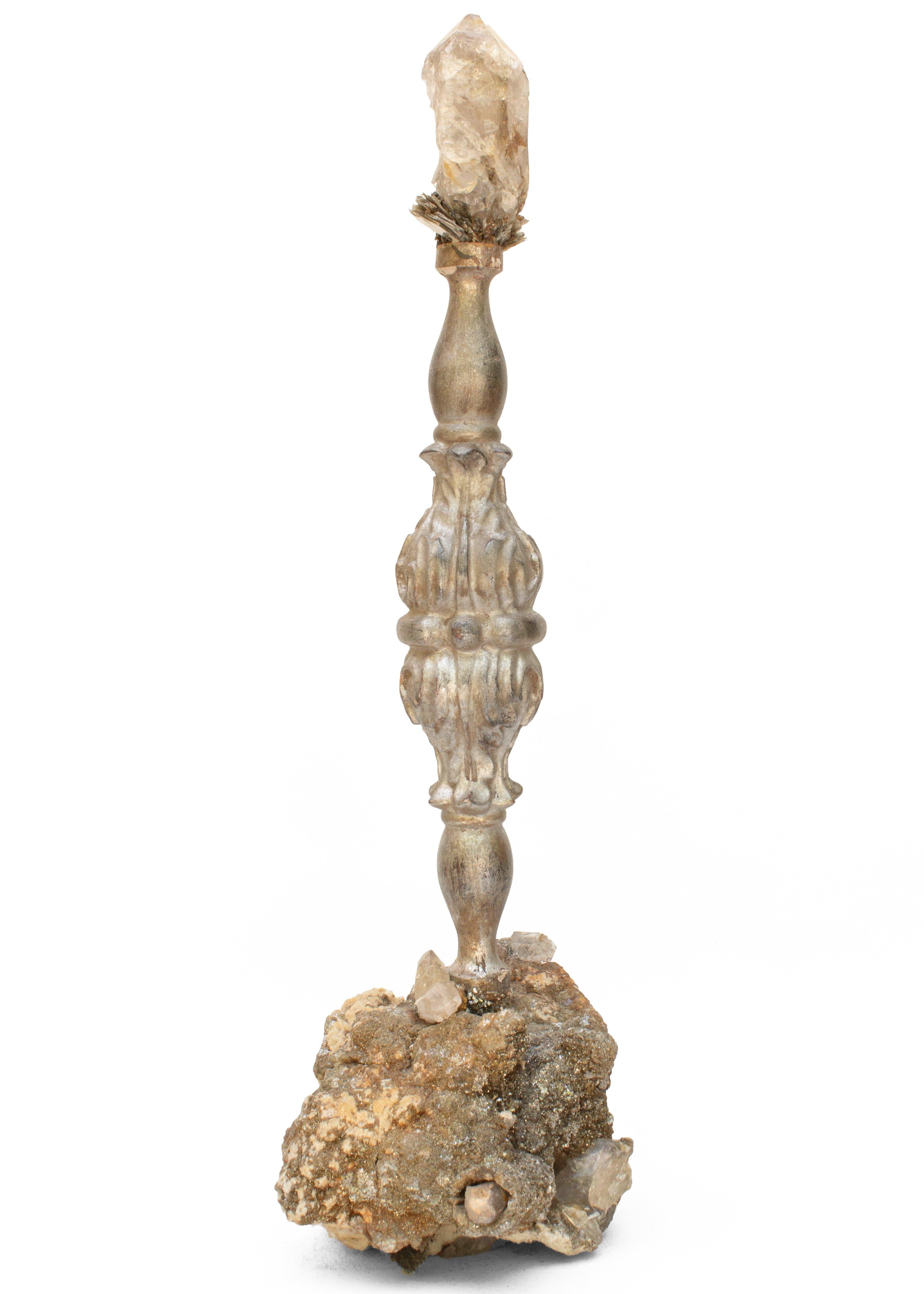 Crystal 18th Century Italian Silver Candlestick with Herkimer Diamond on Mica & Calcite For Sale