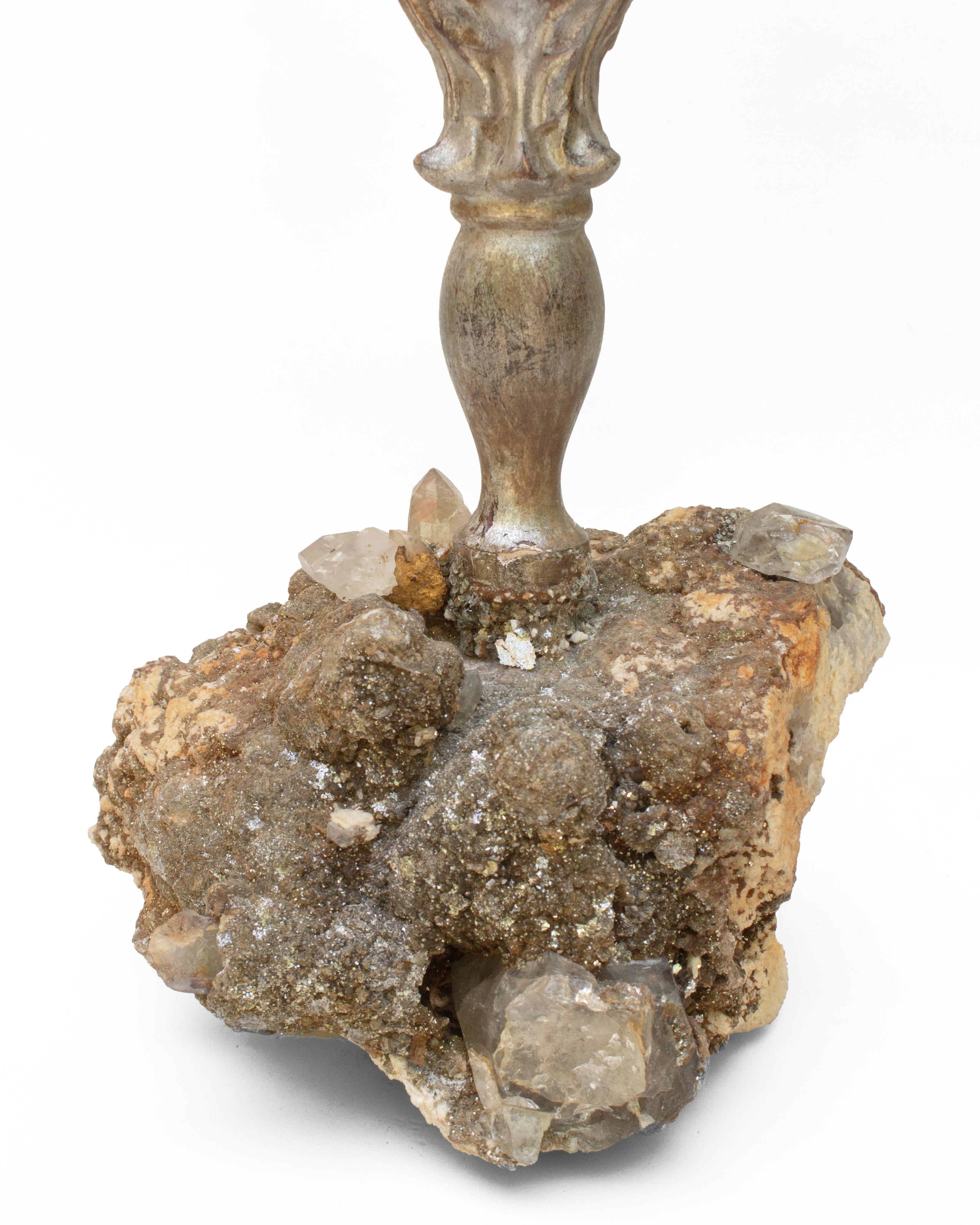 18th century Italian silver candlestick decorated with a large Herkimer diamond with inclusions surrounded by mica foliage ruffle on mica with a calcite matrix base with Herkimer diamonds. Herkimer diamonds are double-terminated quartz crystals
