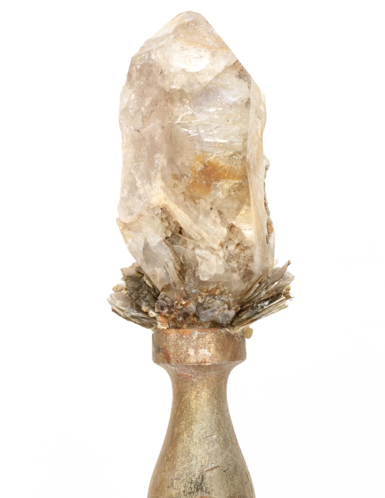 Rococo 18th Century Italian Silver Candlestick with Herkimer Diamond on Mica in Matrix For Sale