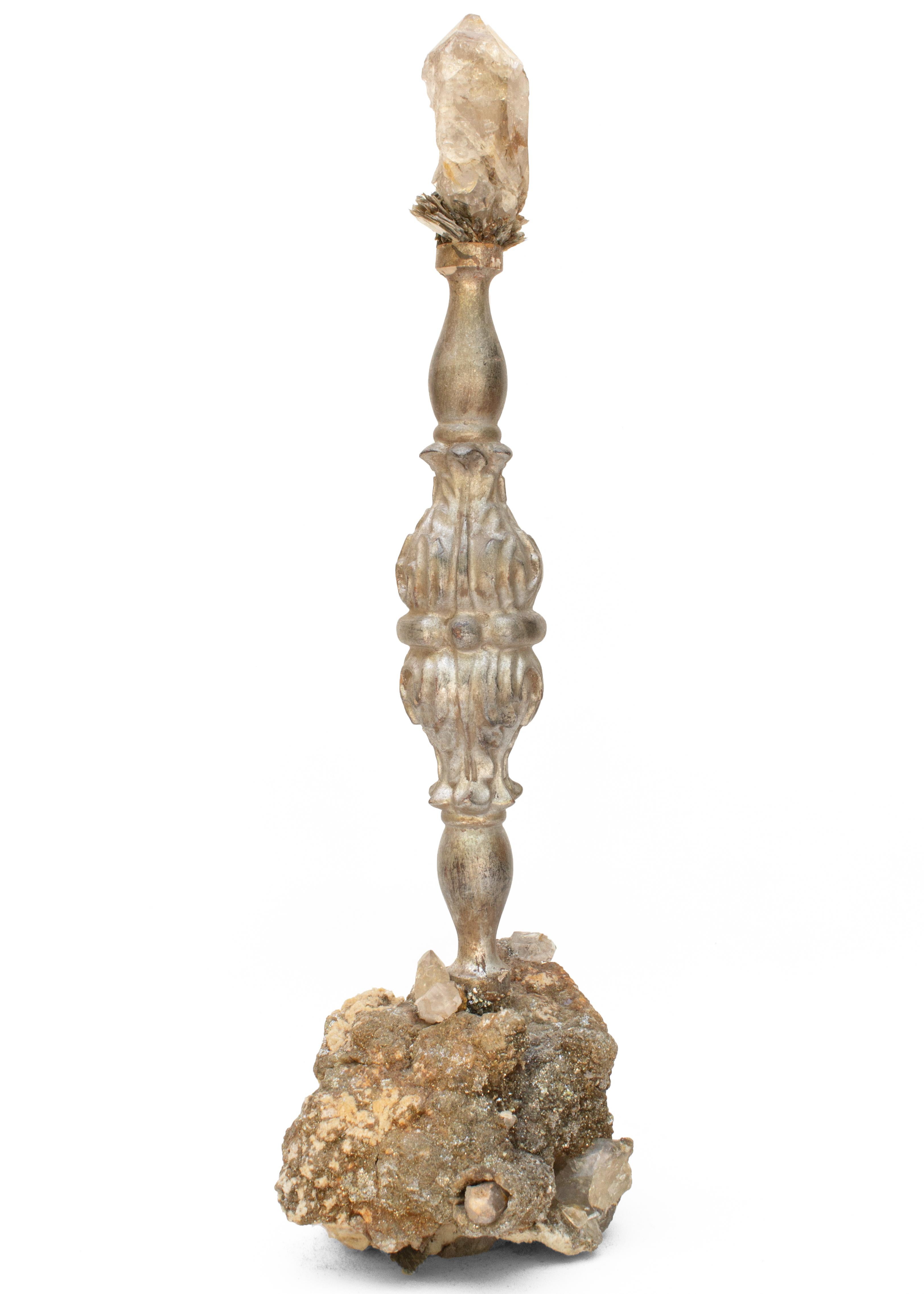 Crystal 18th Century Italian Silver Candlestick with Herkimer Diamond on Mica in Matrix