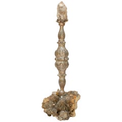 18th Century Italian Silver Candlestick with Herkimer Diamond on Mica in Matrix