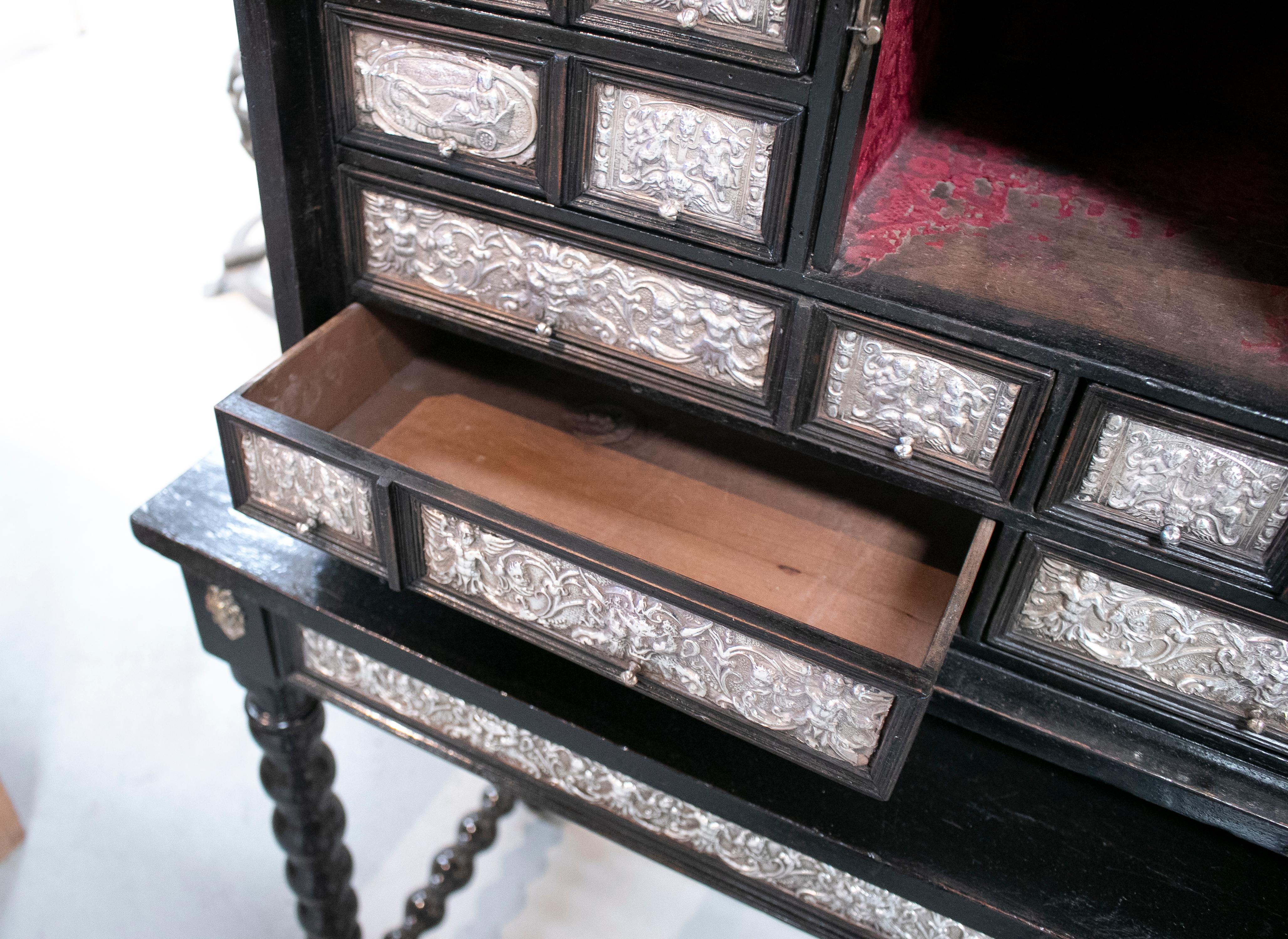 18th Century Italian Silver & Ebonized Wood Bargueño Desk & Chest of Drawers For Sale 6