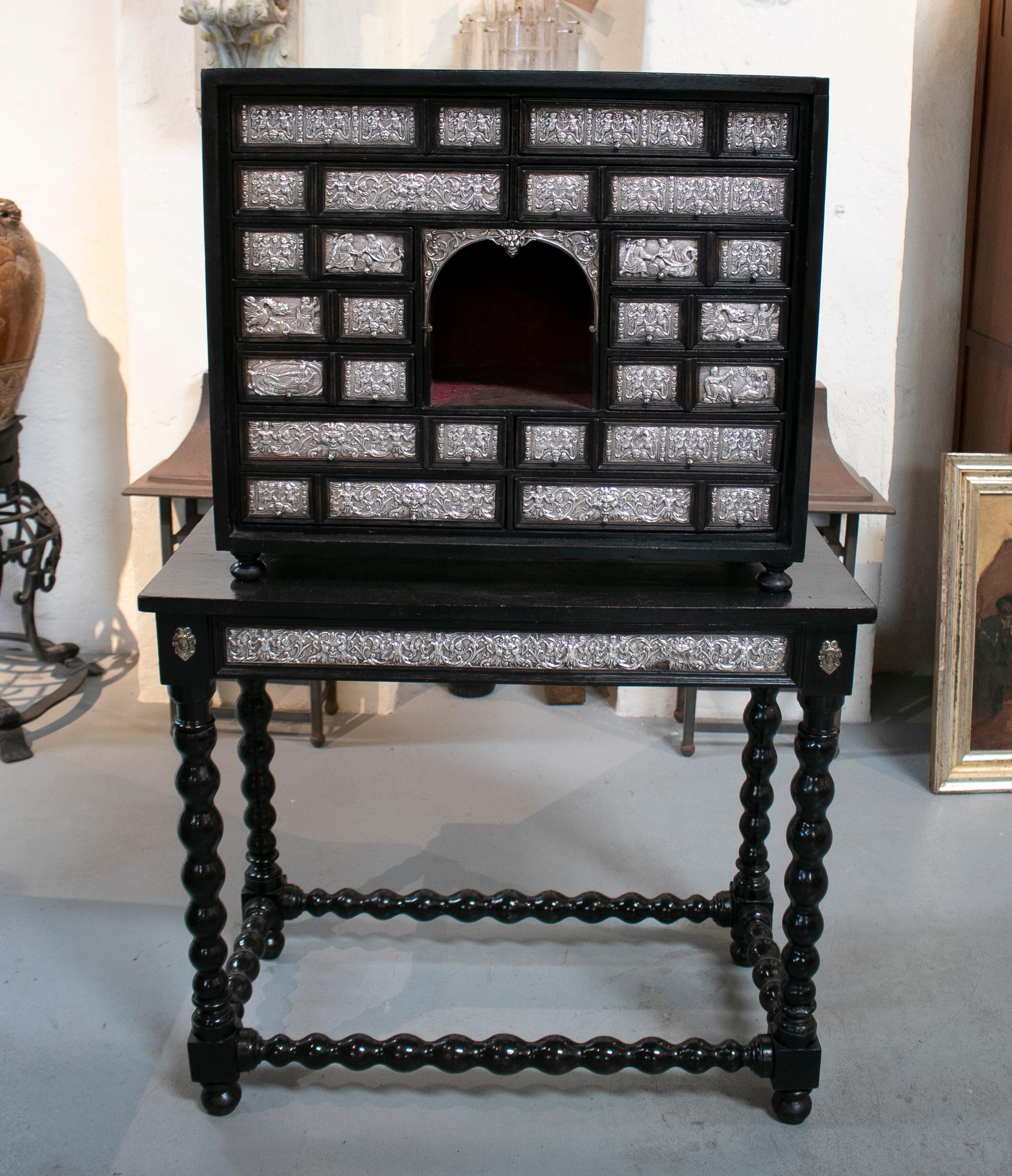 18th century Italian silver and ebonized wood barqueño desk and chest of drawers.