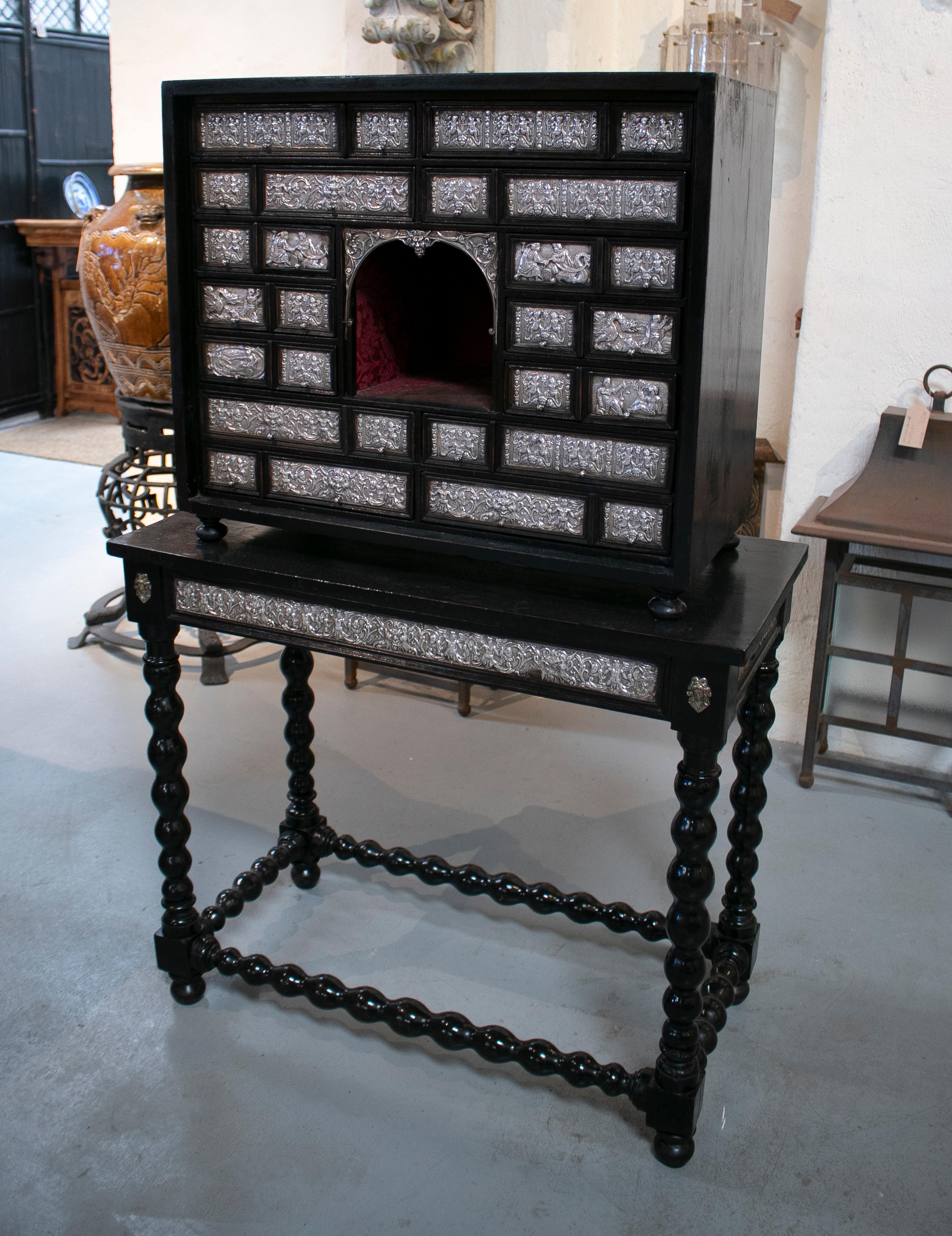 18th Century Italian Silver & Ebonized Wood Bargueño Desk & Chest of Drawers In Good Condition For Sale In Marbella, ES