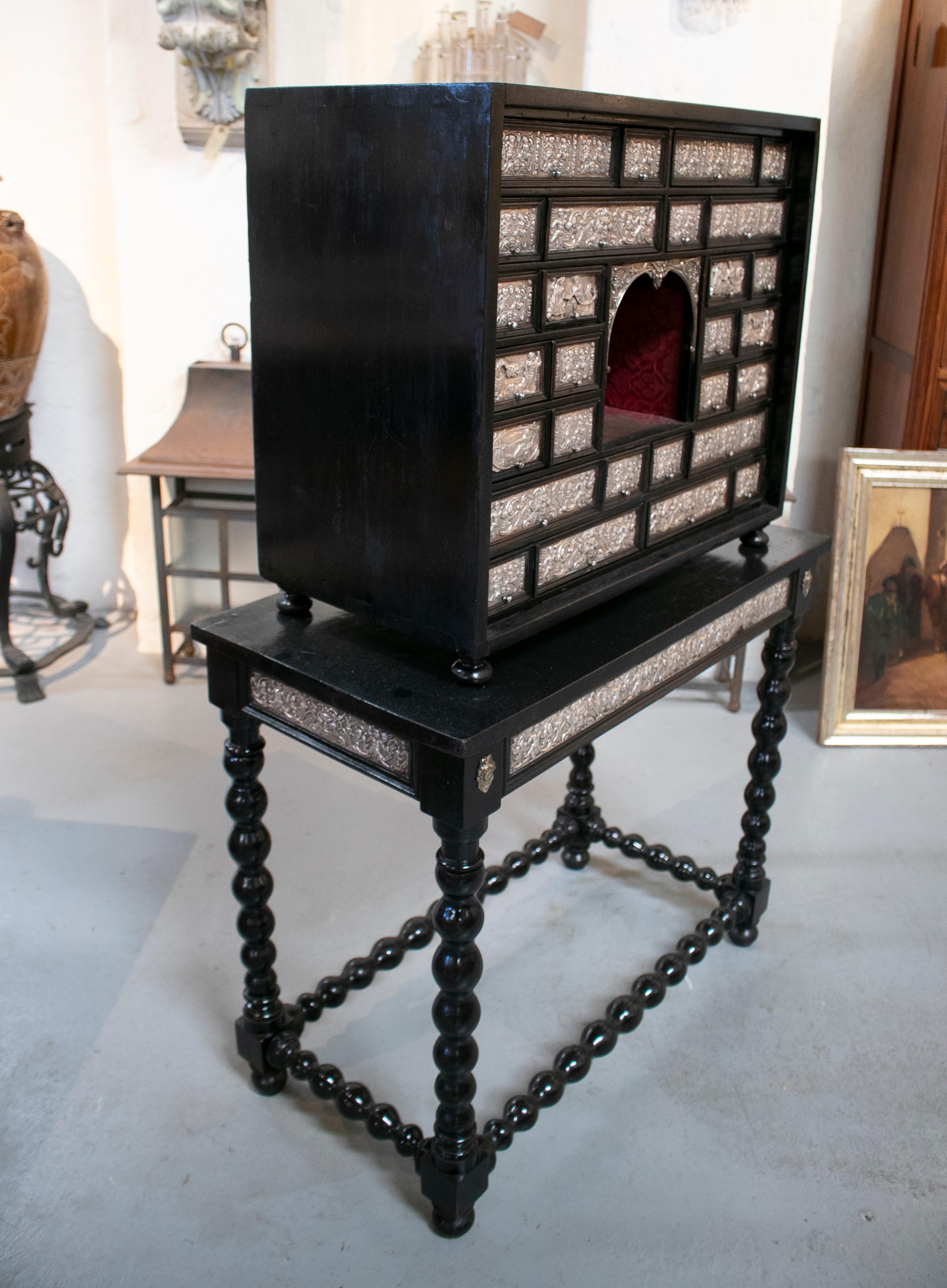 18th Century and Earlier 18th Century Italian Silver & Ebonized Wood Bargueño Desk & Chest of Drawers For Sale
