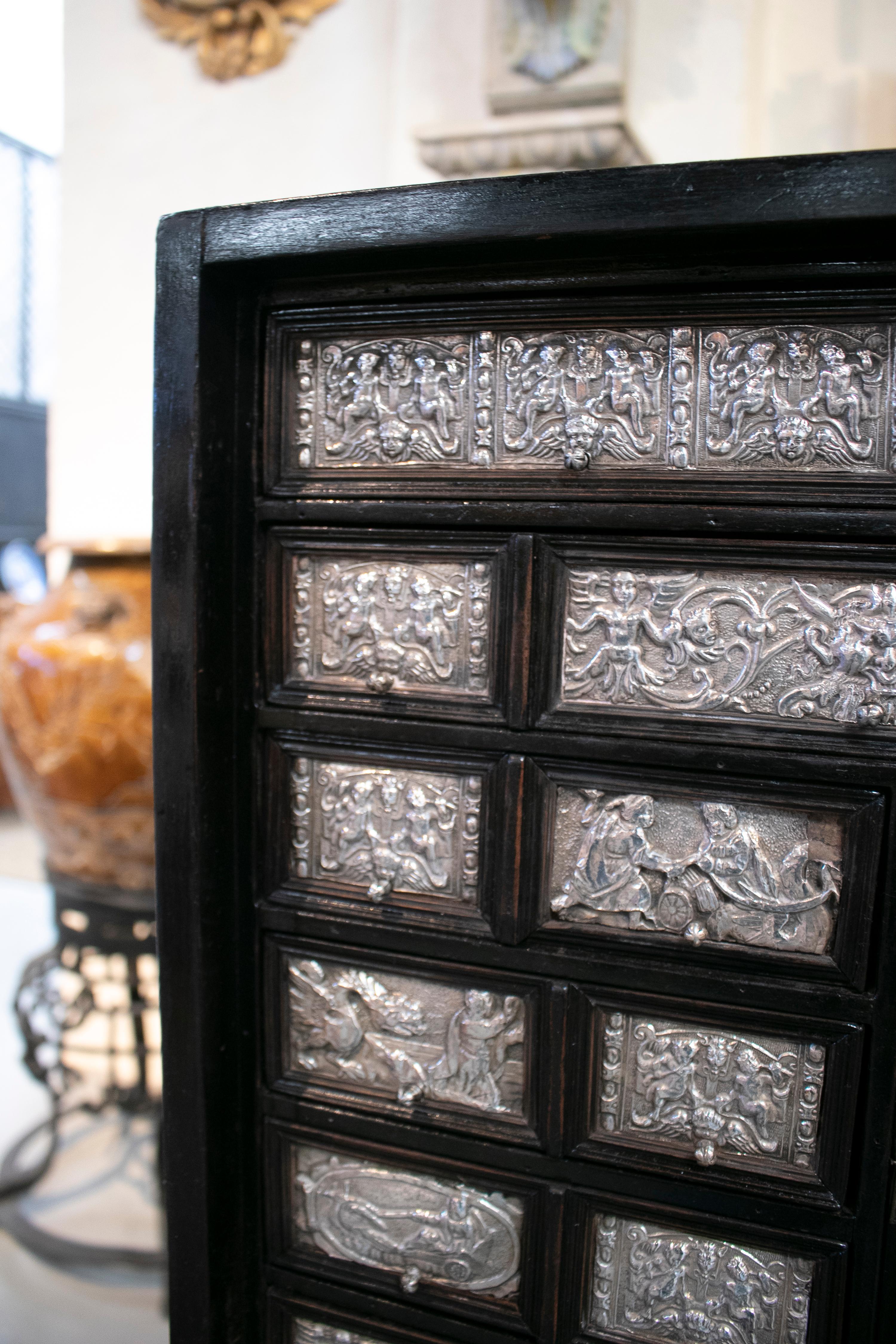 18th Century Italian Silver & Ebonized Wood Bargueño Desk & Chest of Drawers For Sale 4