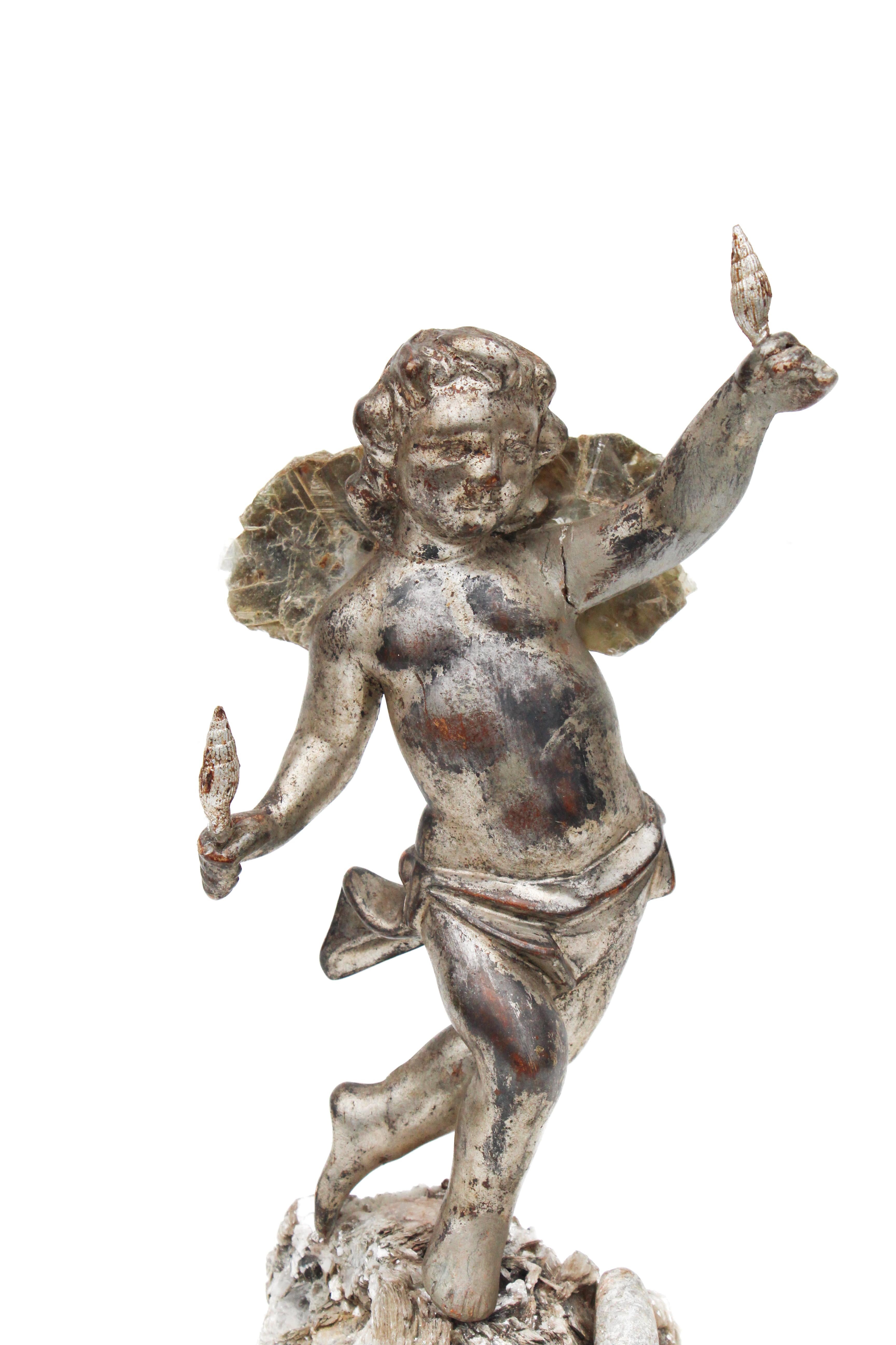 Rococo 18th Century Italian Silver Leaf Angel Mounted on a Mica Cluster with Mica Wings