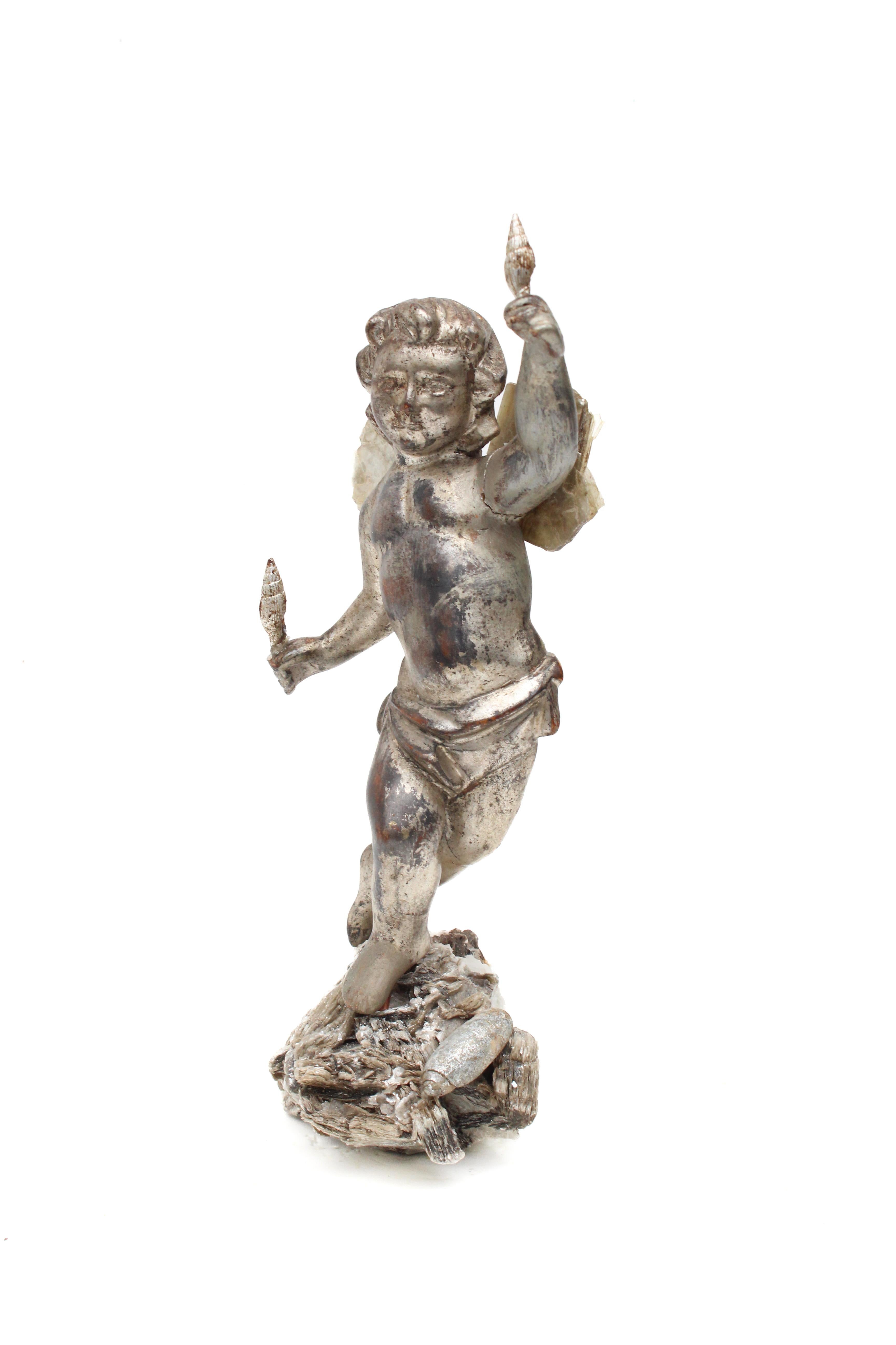 18th Century and Earlier 18th Century Italian Silver Leaf Angel Mounted on a Mica Cluster with Mica Wings