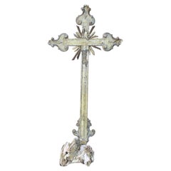 18th Century Italian Silver Leaf Cross with Plated Crystals on a Mica Cluster