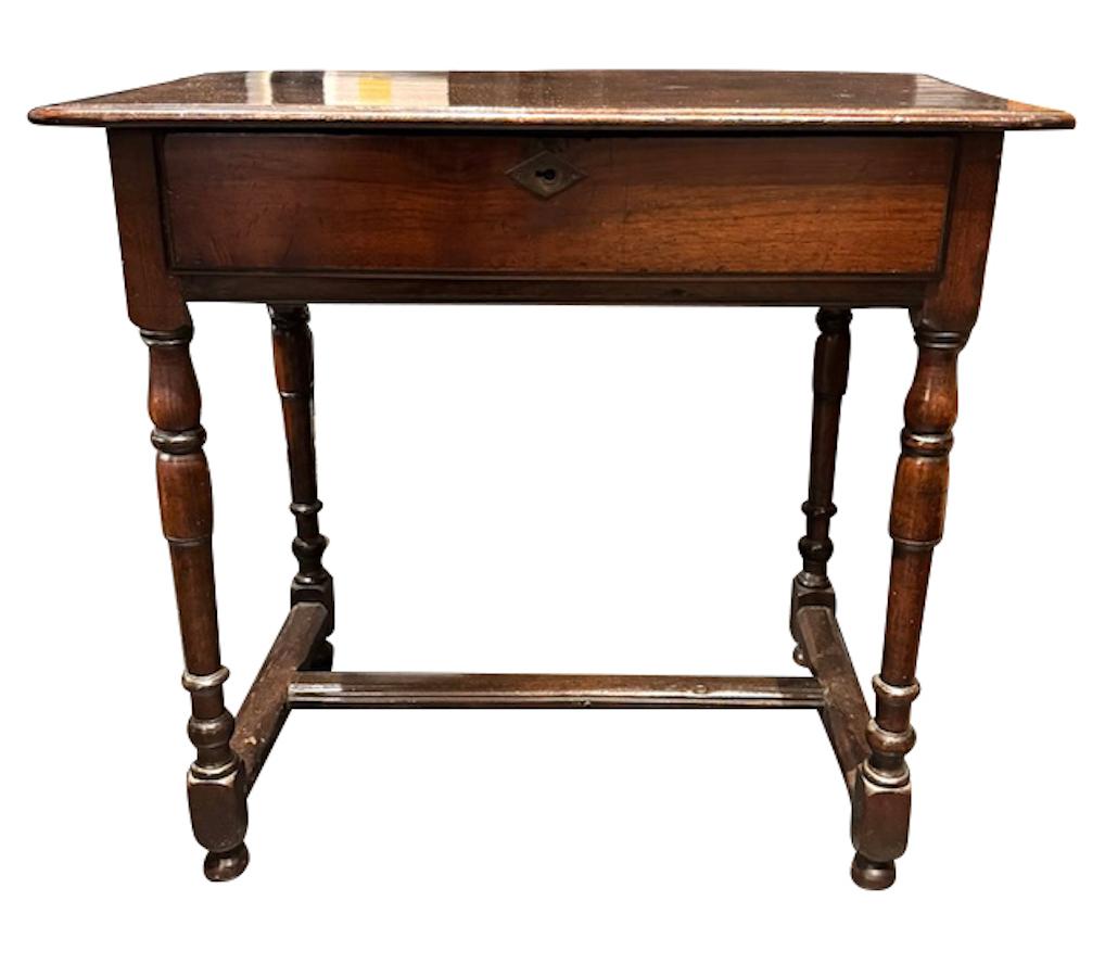 18th century Italian single drawer desk.
Turned legs.
Walnut.
Beautiful patina.
Also makes a great side table.