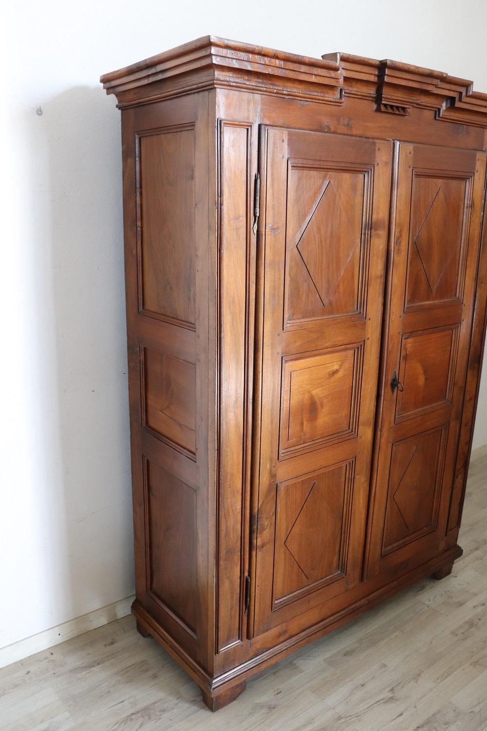 Mid-18th Century 18th Century Italian Solid Walnut Antique Wardrobe or Armoire