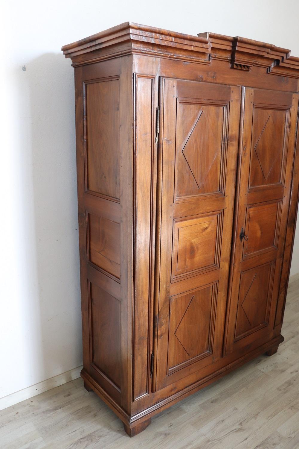 Mid-18th Century 18th Century Italian Solid Walnut Antique Wardrobe or Armoire For Sale