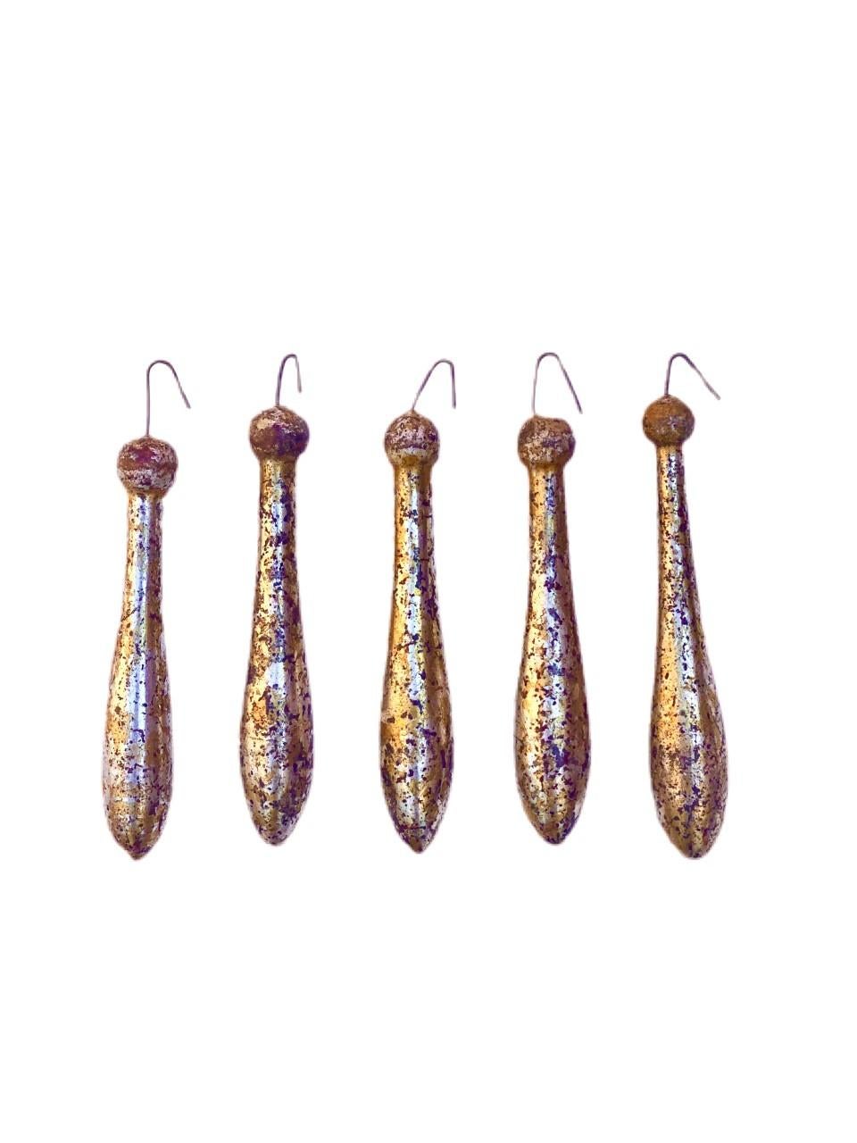 Hand-Painted 18th Century Italian Speckled Gold and Silver Leaf Tassel Ornaments 'Set of 5' For Sale