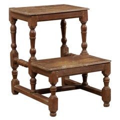 Antique 18th Century Italian Spool-Turned Walnut Wood Step Stool 'Two Steps'