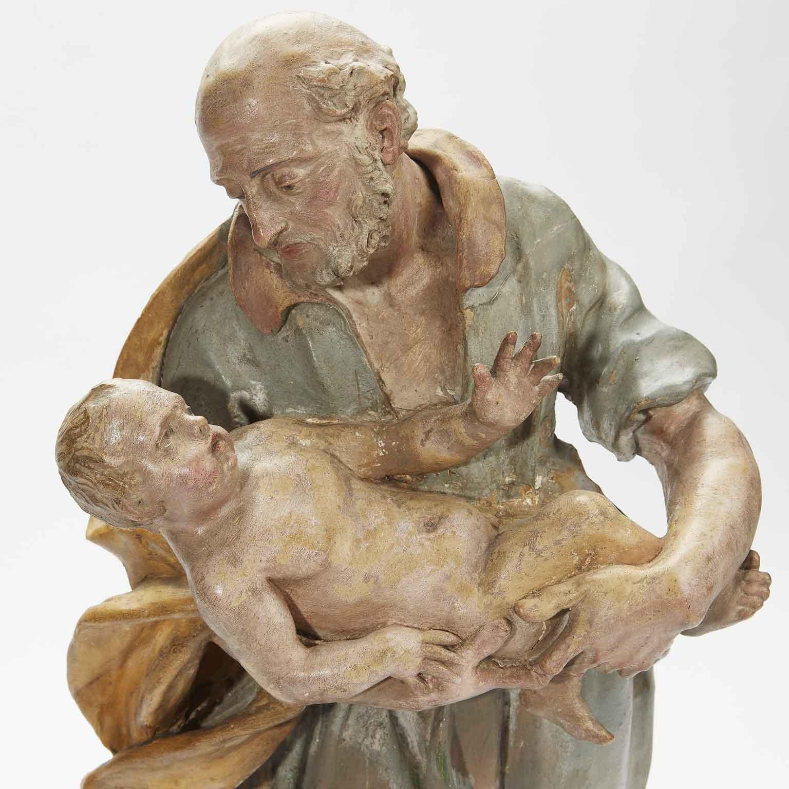 Escultura barroca italiana del siglo XVIII de San José con el Niño Jesús del Viejo Maestro Italiano en venta