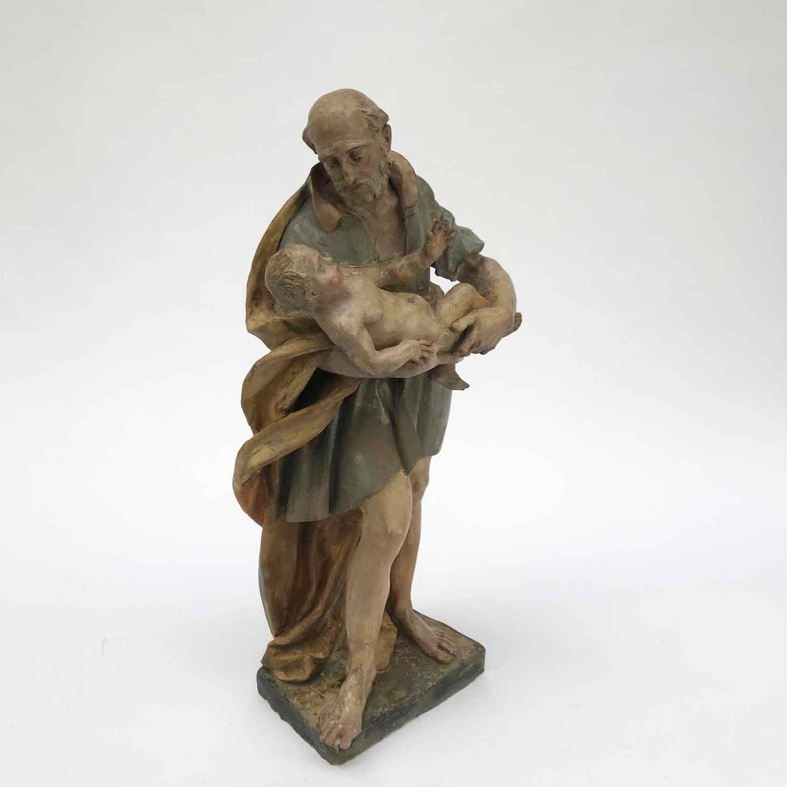 18th Century Italian St Joseph with Infant Jesus Baroque Old Master Sculpture For Sale 6