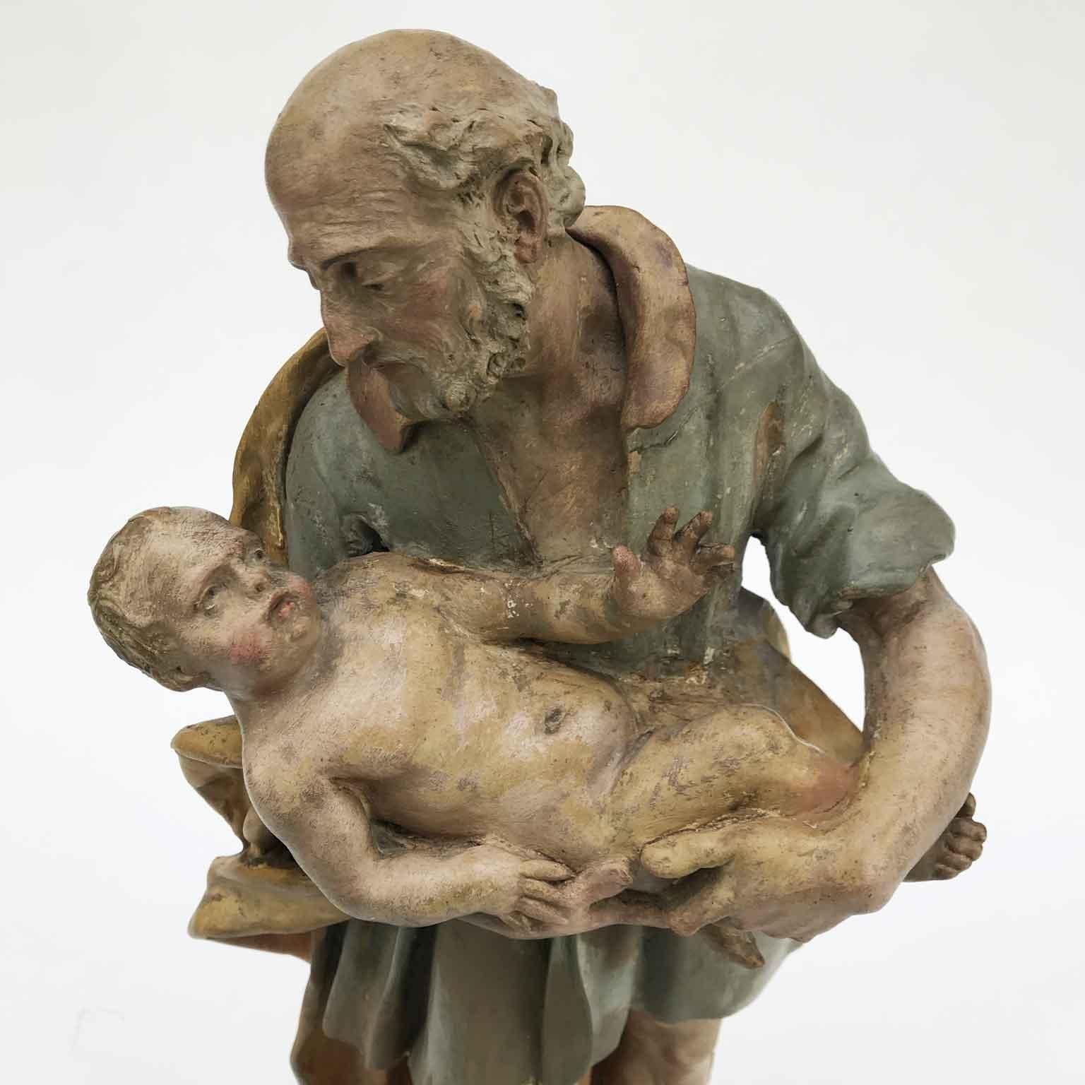 18th Century Italian St Joseph with Infant Jesus Baroque Old Master Sculpture For Sale 9