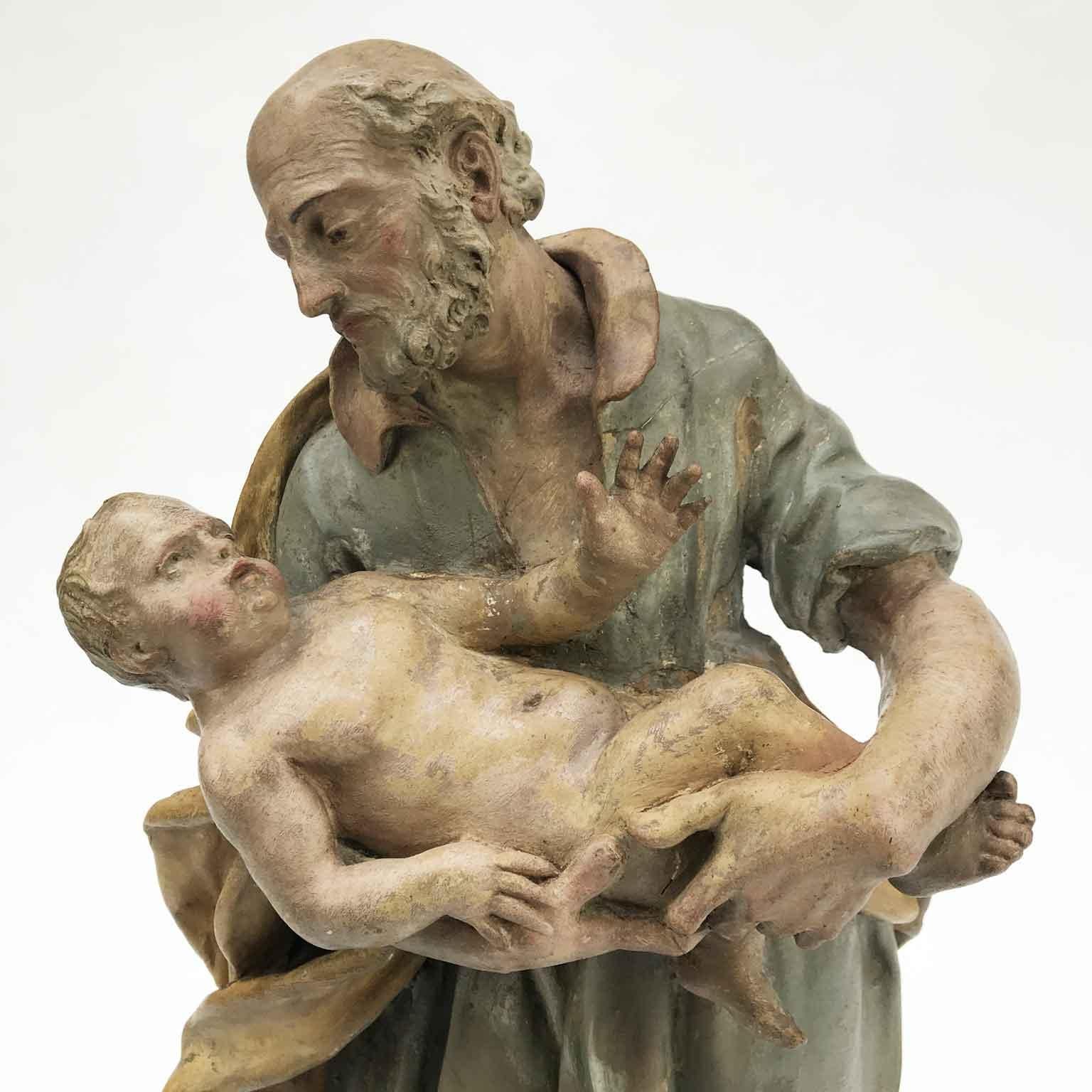 Escultura barroca italiana del siglo XVIII de San José con el Niño Jesús del Viejo Maestro en venta 7