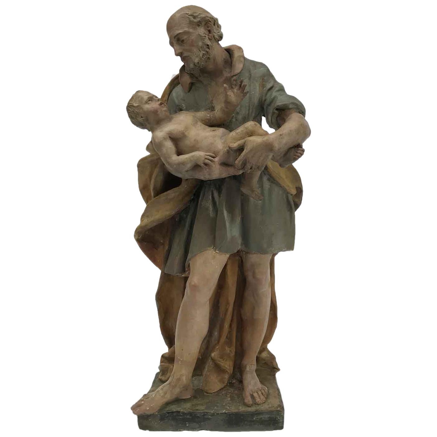 18th Century Italian St Joseph with Infant Jesus Baroque Old Master Sculpture For Sale 4