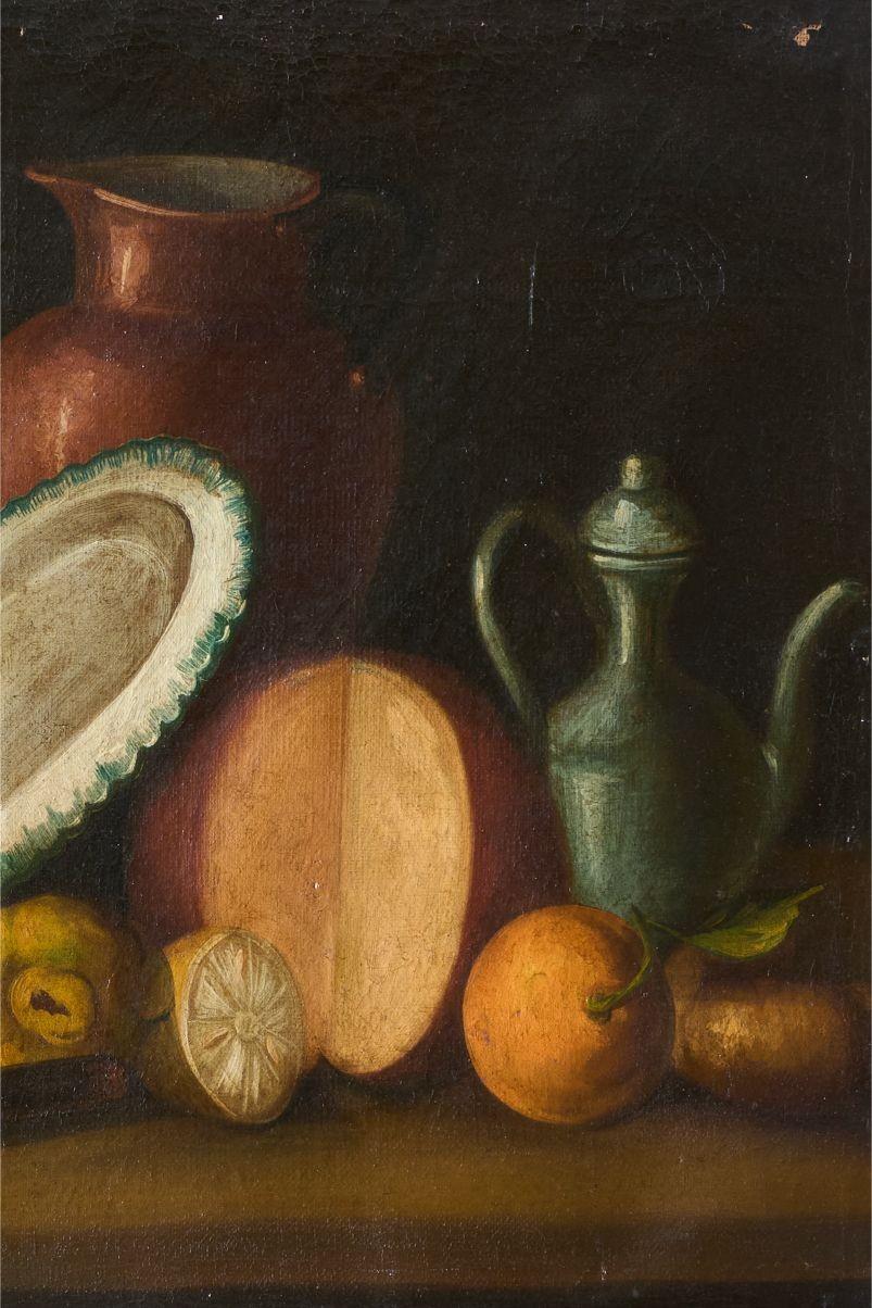 This is a wonderful late 18th century oil on canvas still life depicting a variety of flowers and fruit as well as vessels. The quality of the work is very good and is housed in the original frame. The subtle colours are hugely decorative and the
