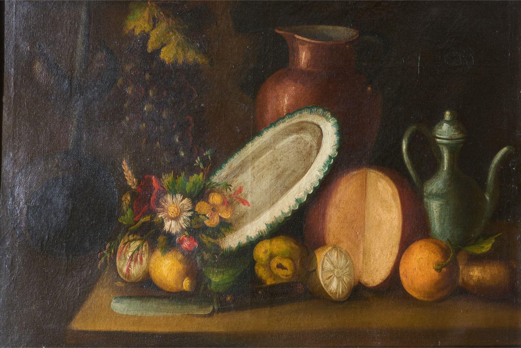 Paint 18th Century Italian Still life - Flowers and Kettle For Sale