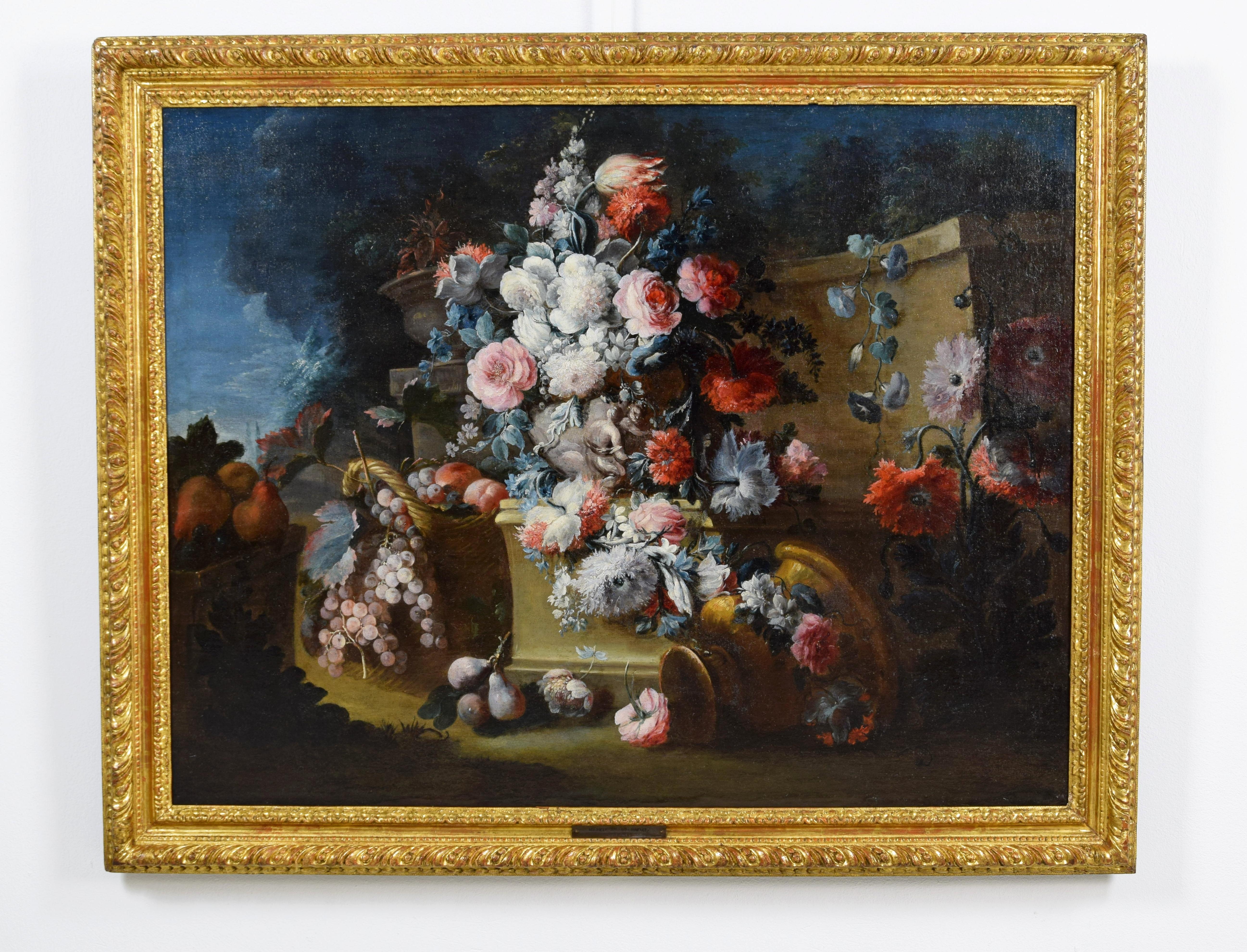 18. Jahrhundert, Italienisches Blumenstillleben von Michele Antonio Rapos (Italien 1733-1819)

Die Leinwand, von feiner Verarbeitung und unter guten Bedingungen der Wartung, stellt ein Stillleben mit Triumph der Blumen und Früchte in einem offenen