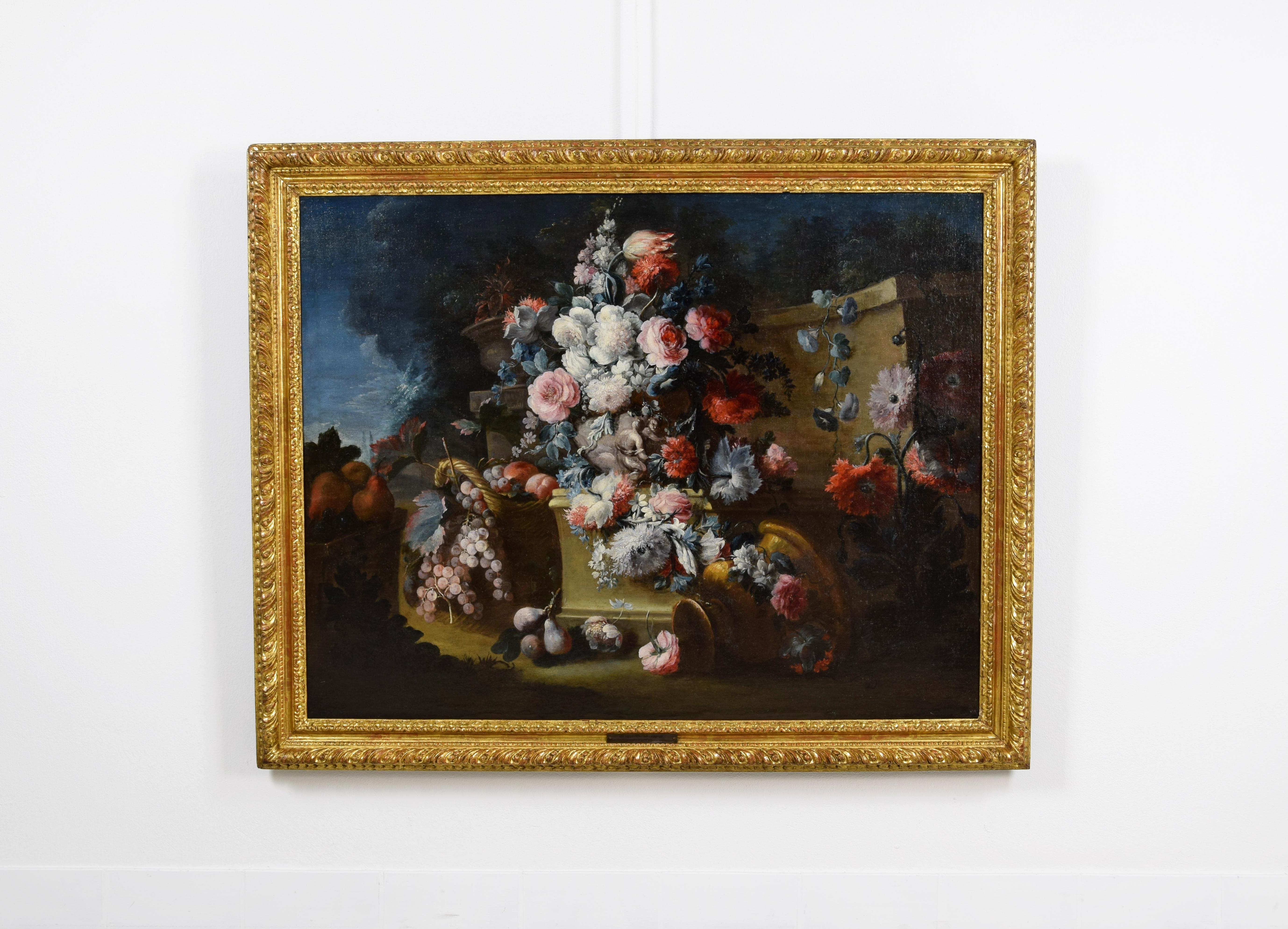Baroque 18th Century, Italian Still Life with Flowers by Michele Antonio Rapos For Sale