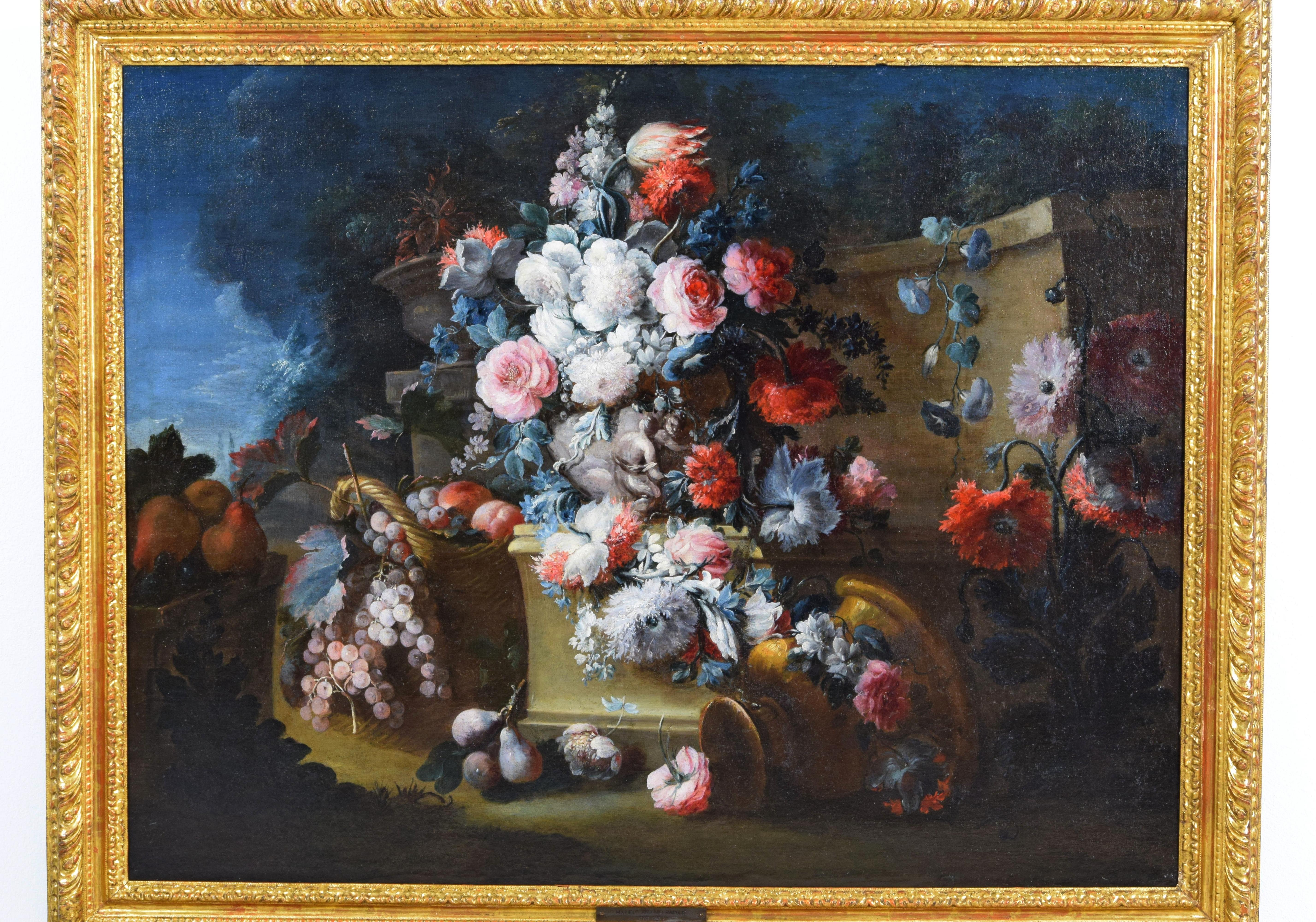Sculpté à la main Nature morte italienne du 18ème siècle avec fleurs de Michele Antonio Rapos en vente