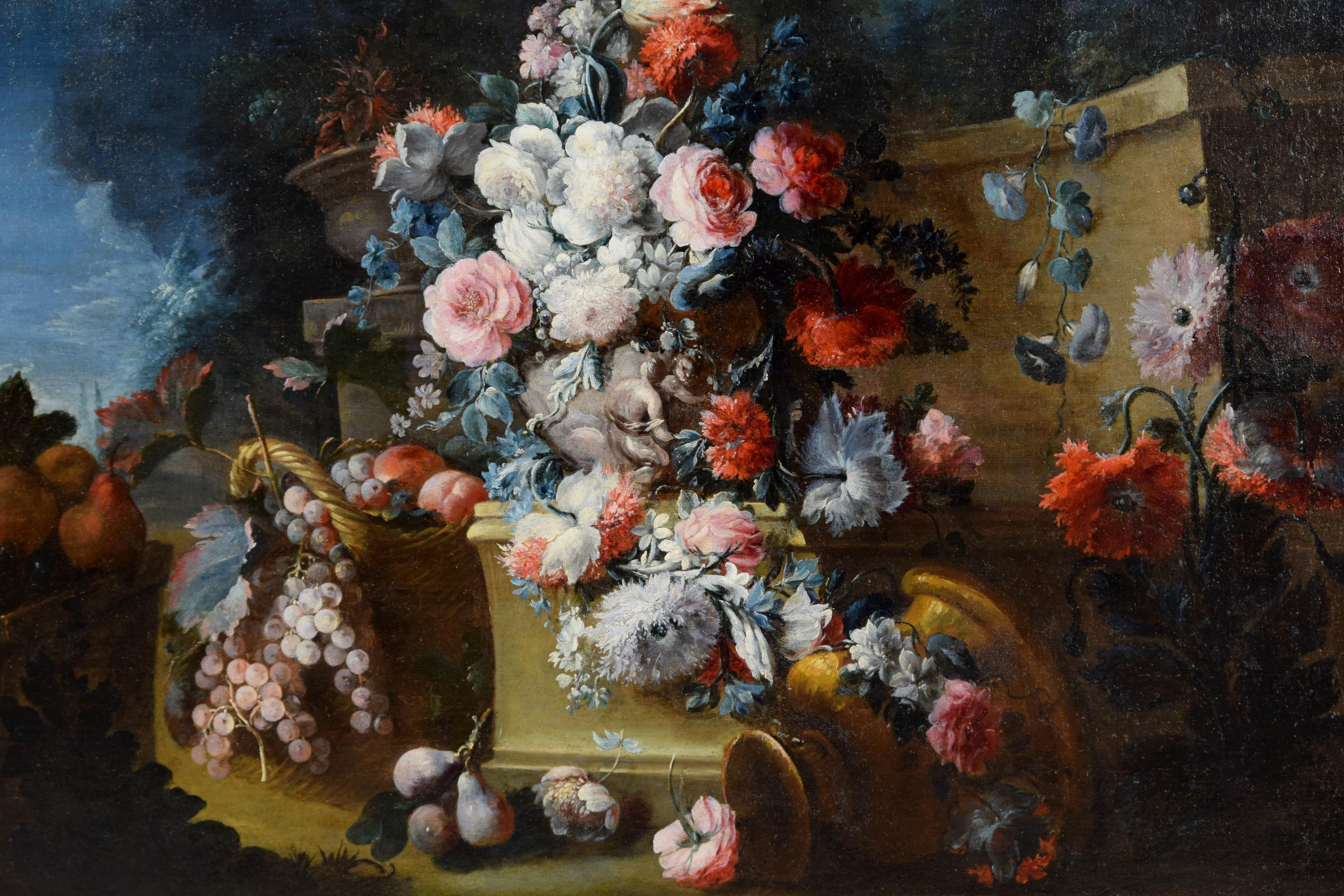Canvas 18th Century, Italian Still Life with Flowers by Michele Antonio Rapos For Sale