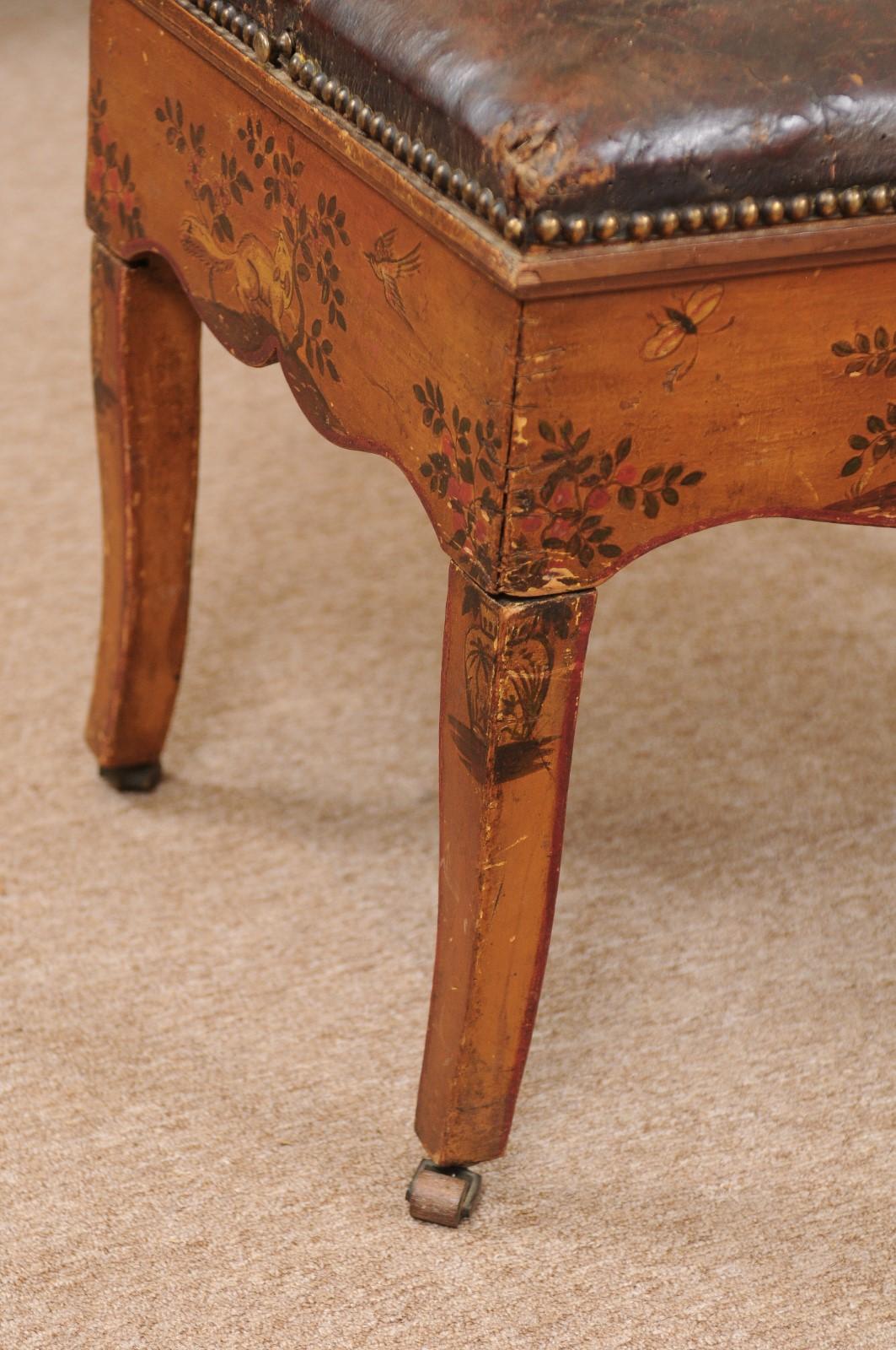 18th Century Italian Stool with Painted Decoration & Leather Upholstered Seat 7