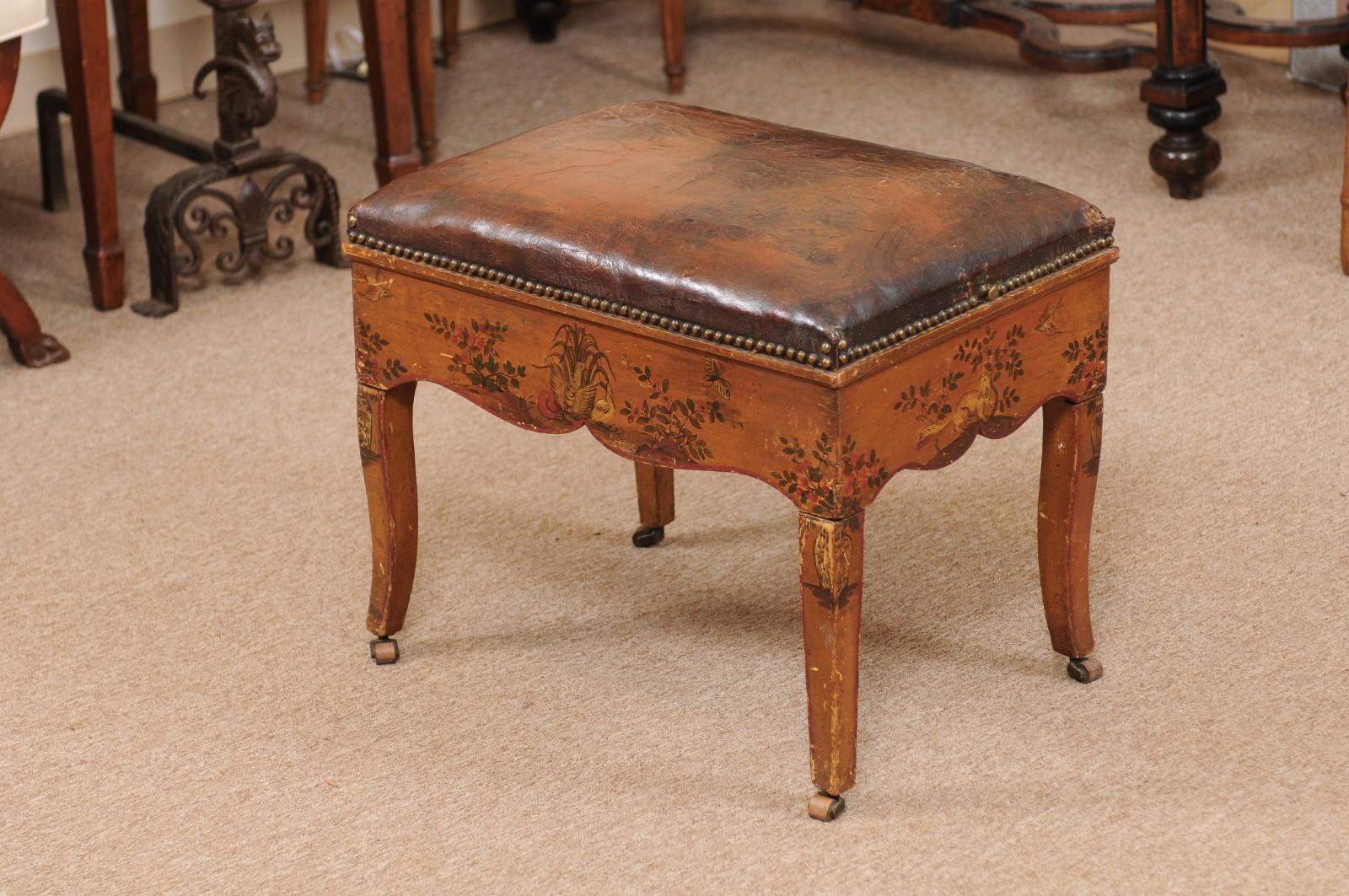 18th Century Italian Stool with Painted Decoration & Leather Upholstered Seat 8