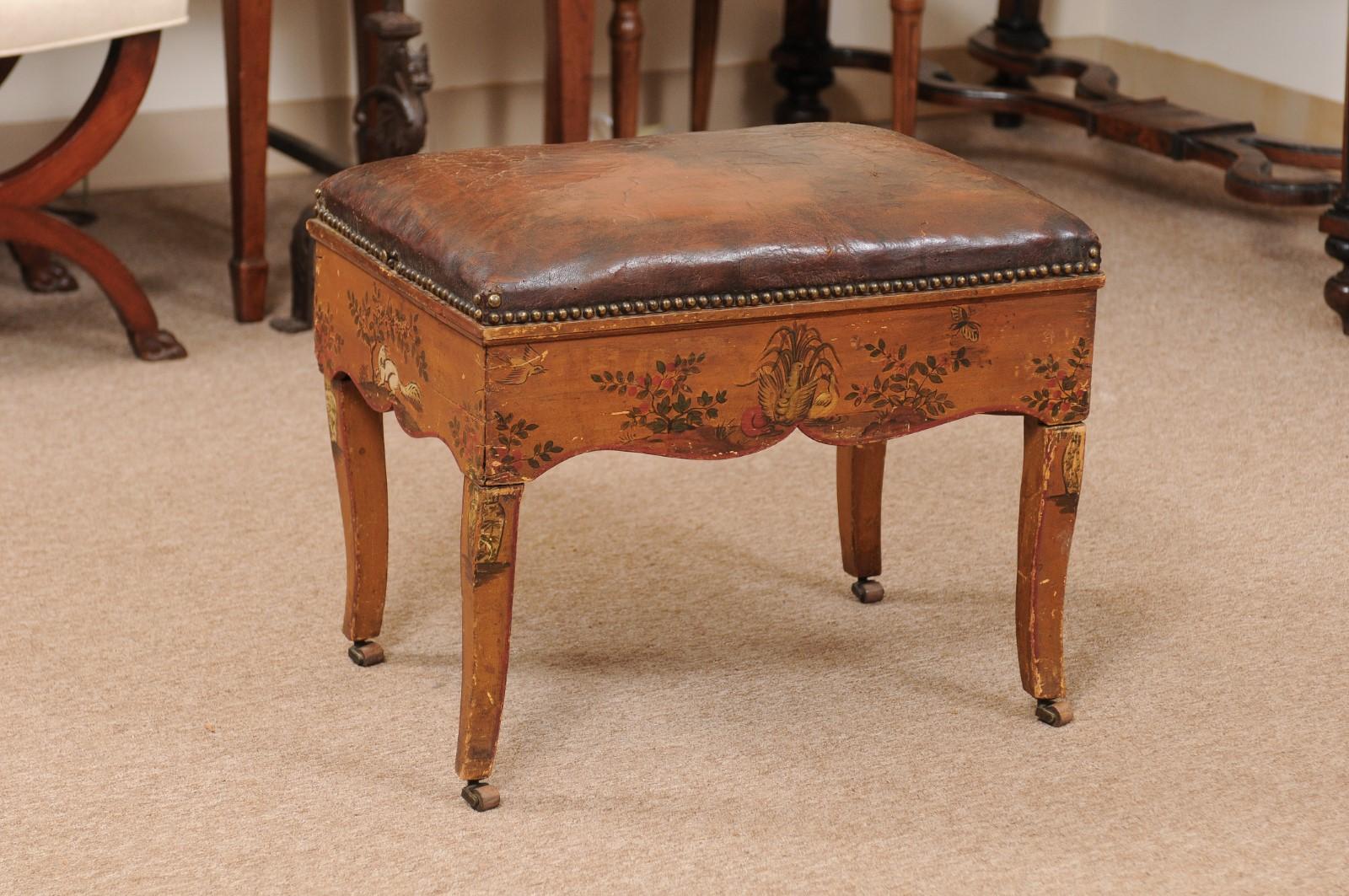 18th Century Italian Stool with Painted Decoration & Leather Upholstered Seat In Good Condition In Atlanta, GA