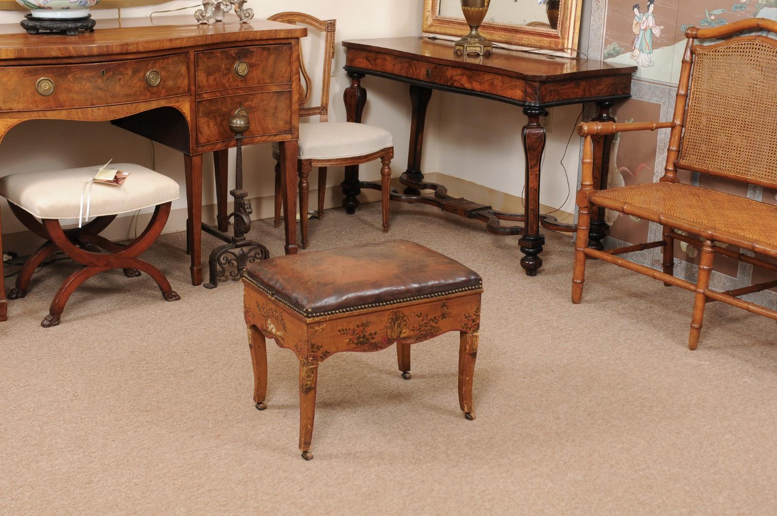 18th Century and Earlier 18th Century Italian Stool with Painted Decoration & Leather Upholstered Seat