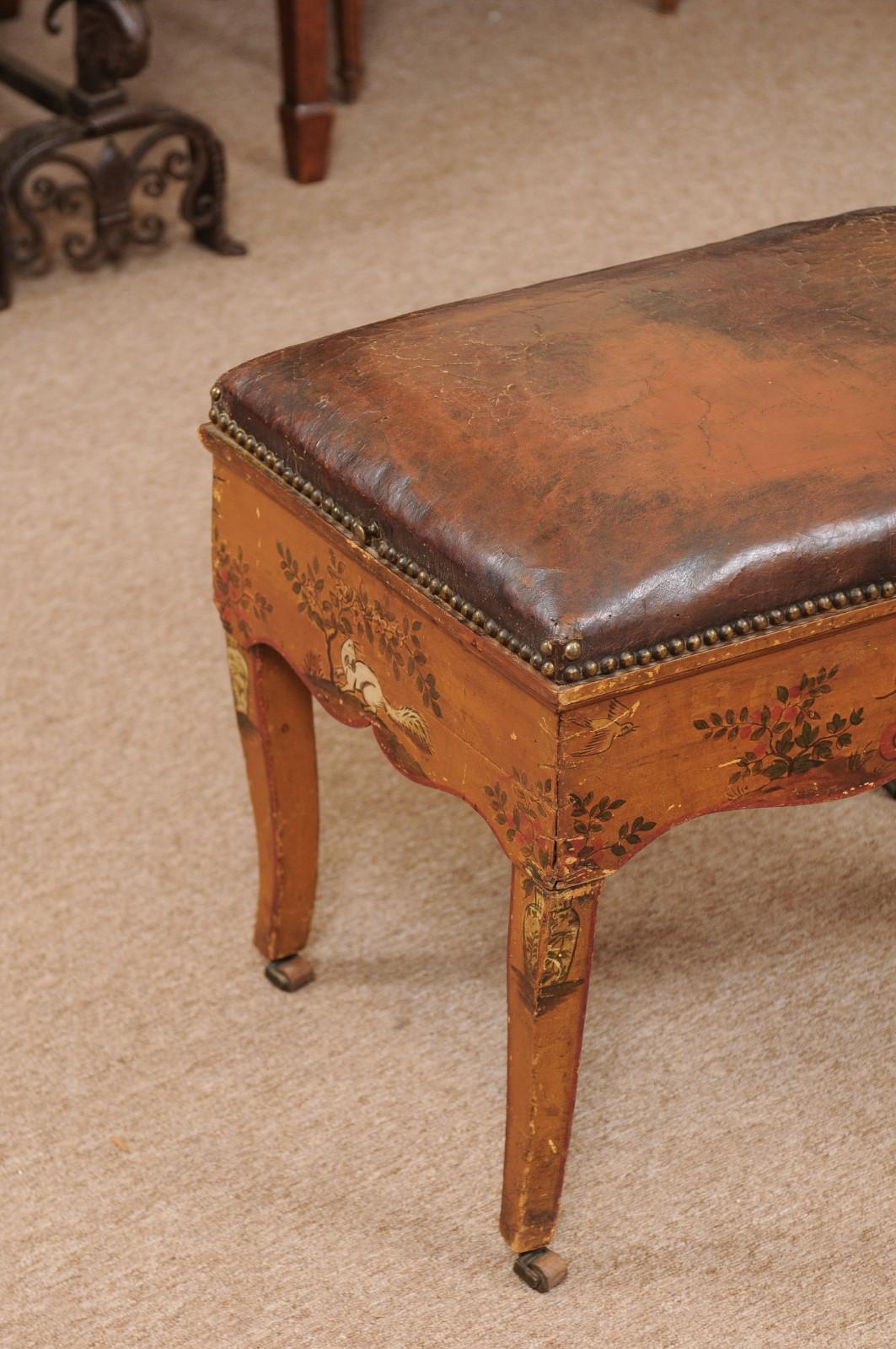 18th Century Italian Stool with Painted Decoration & Leather Upholstered Seat 1