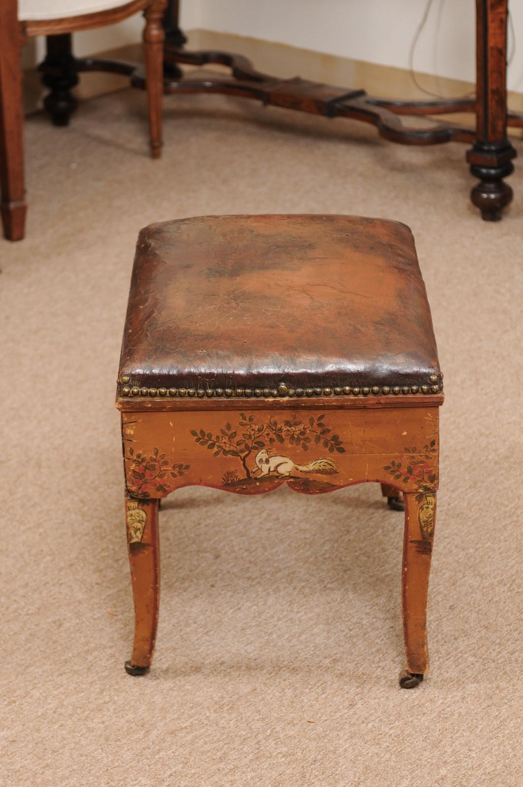 18th Century Italian Stool with Painted Decoration & Leather Upholstered Seat 3