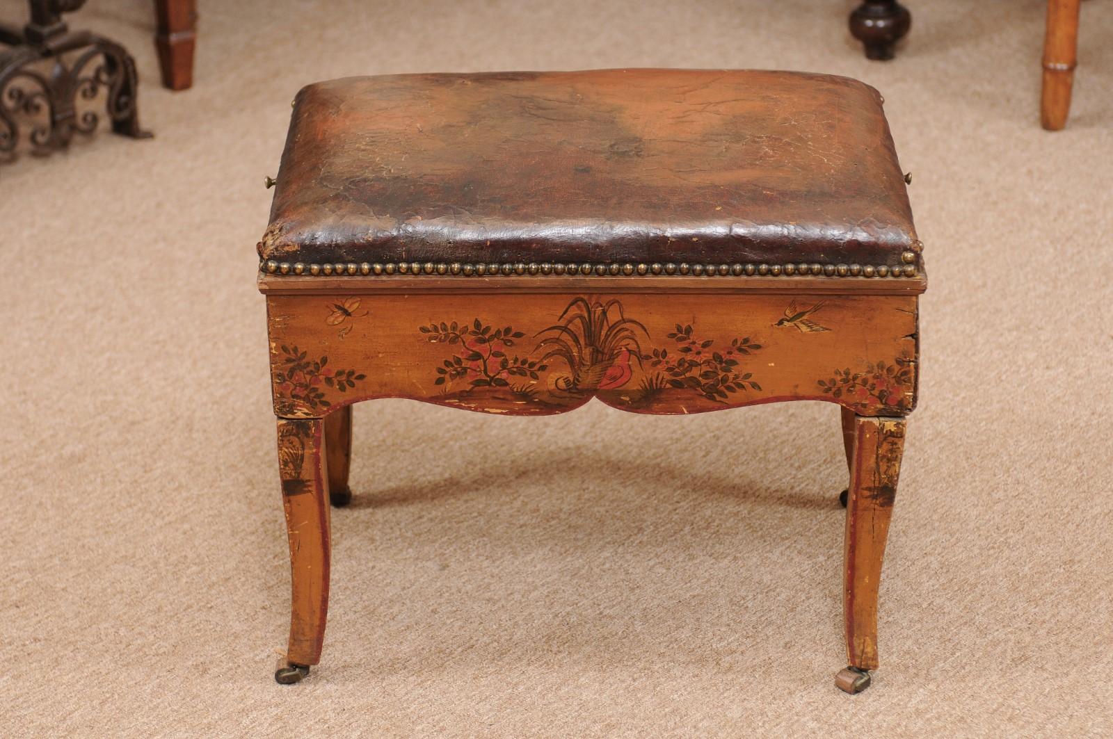 18th Century Italian Stool with Painted Decoration & Leather Upholstered Seat 4