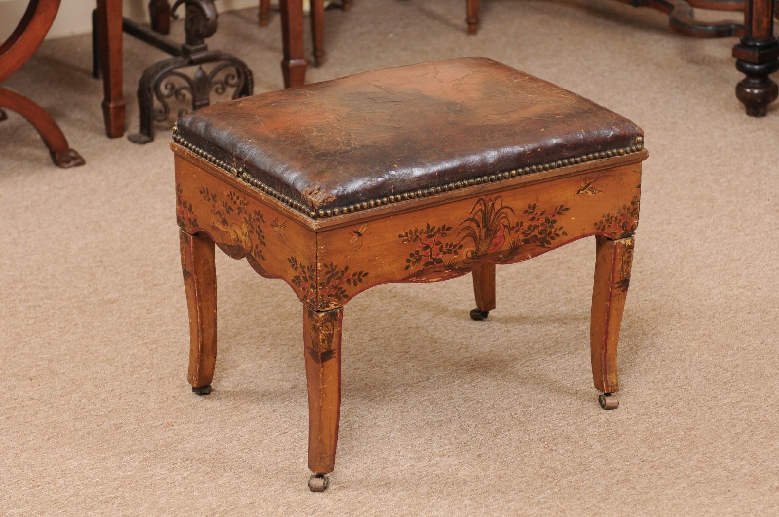 18th Century Italian Stool with Painted Decoration & Leather Upholstered Seat 5