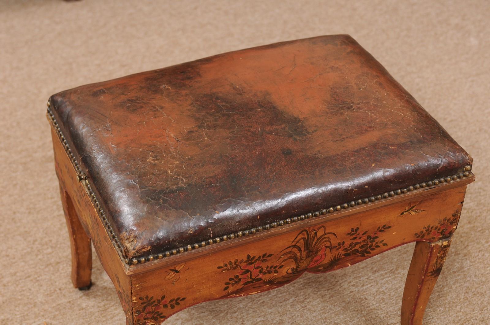 18th Century Italian Stool with Painted Decoration & Leather Upholstered Seat 6
