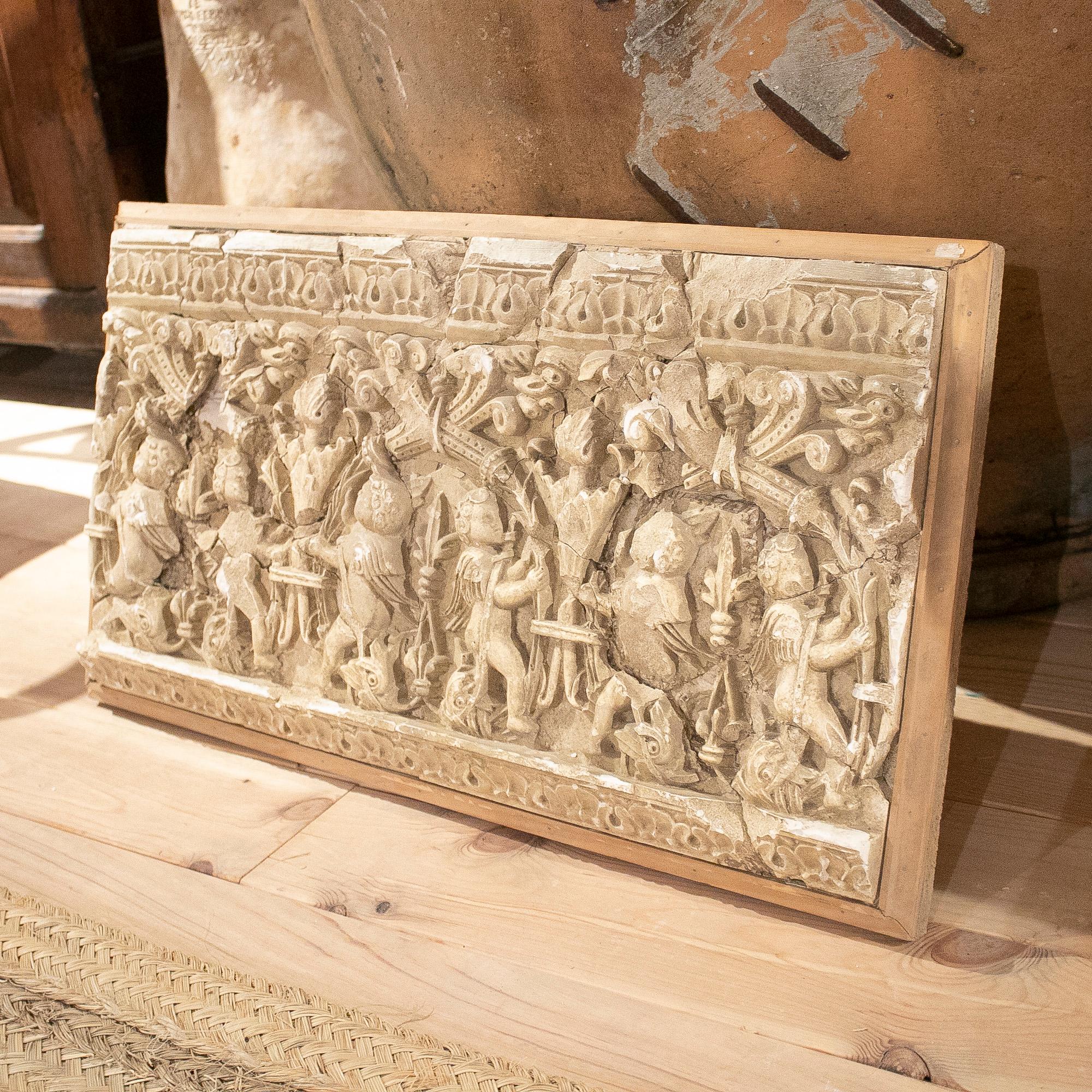 Antique 18th century Italian Stucco wall relief section in a wooden frame, decorated with cherubs and scrolls.