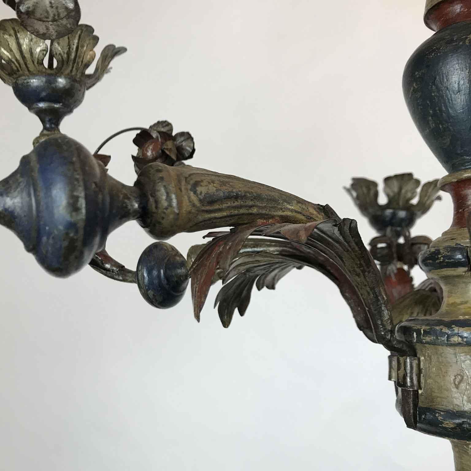 18th Century Italian Tole and Wood Chandelier Silver Blue Red Candleholder 4