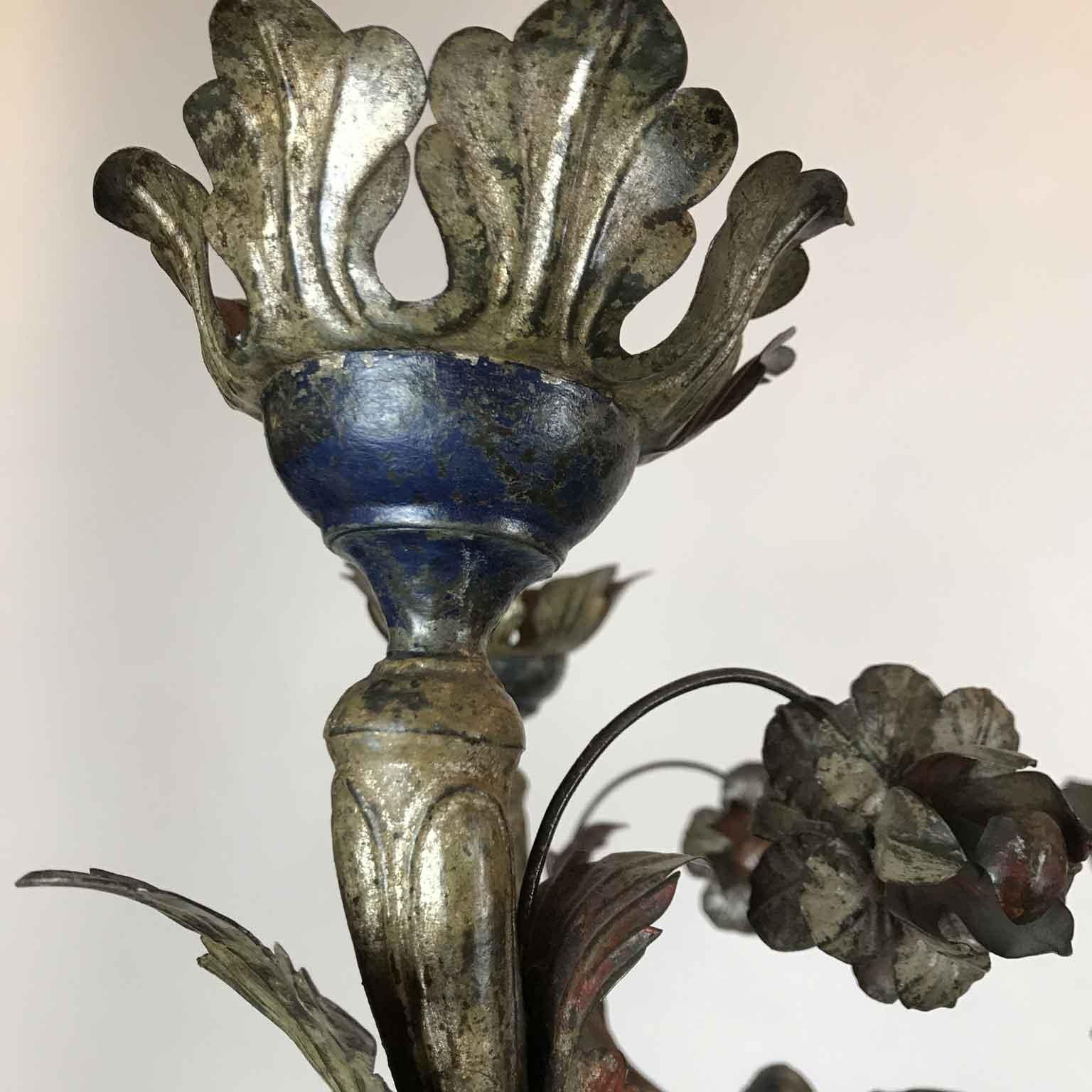 18th Century Italian Tole and Wood Chandelier Silver Blue Red Candleholder 5