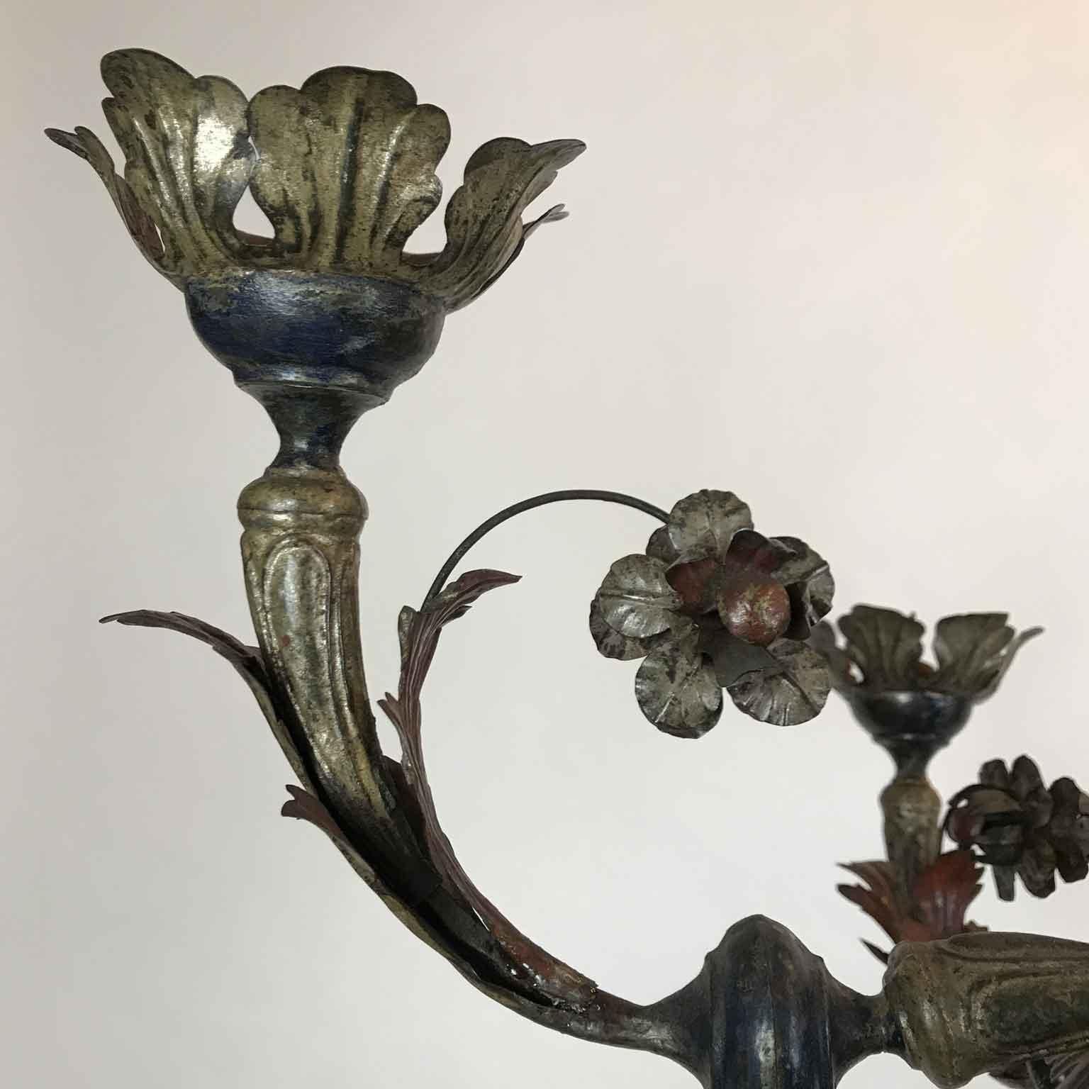 18th Century Italian Tole and Wood Chandelier Silver Blue Red Candleholder 8