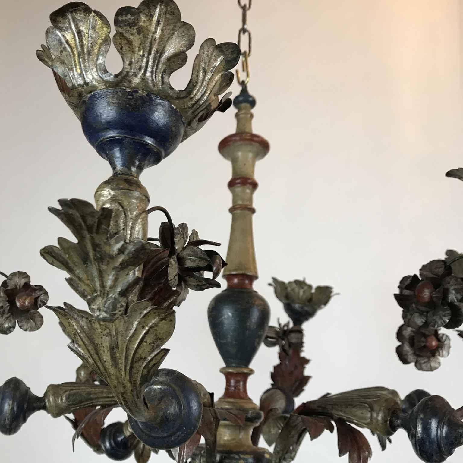 18th Century Italian Tole and Wood Chandelier Silver Blue Red Candleholder 11