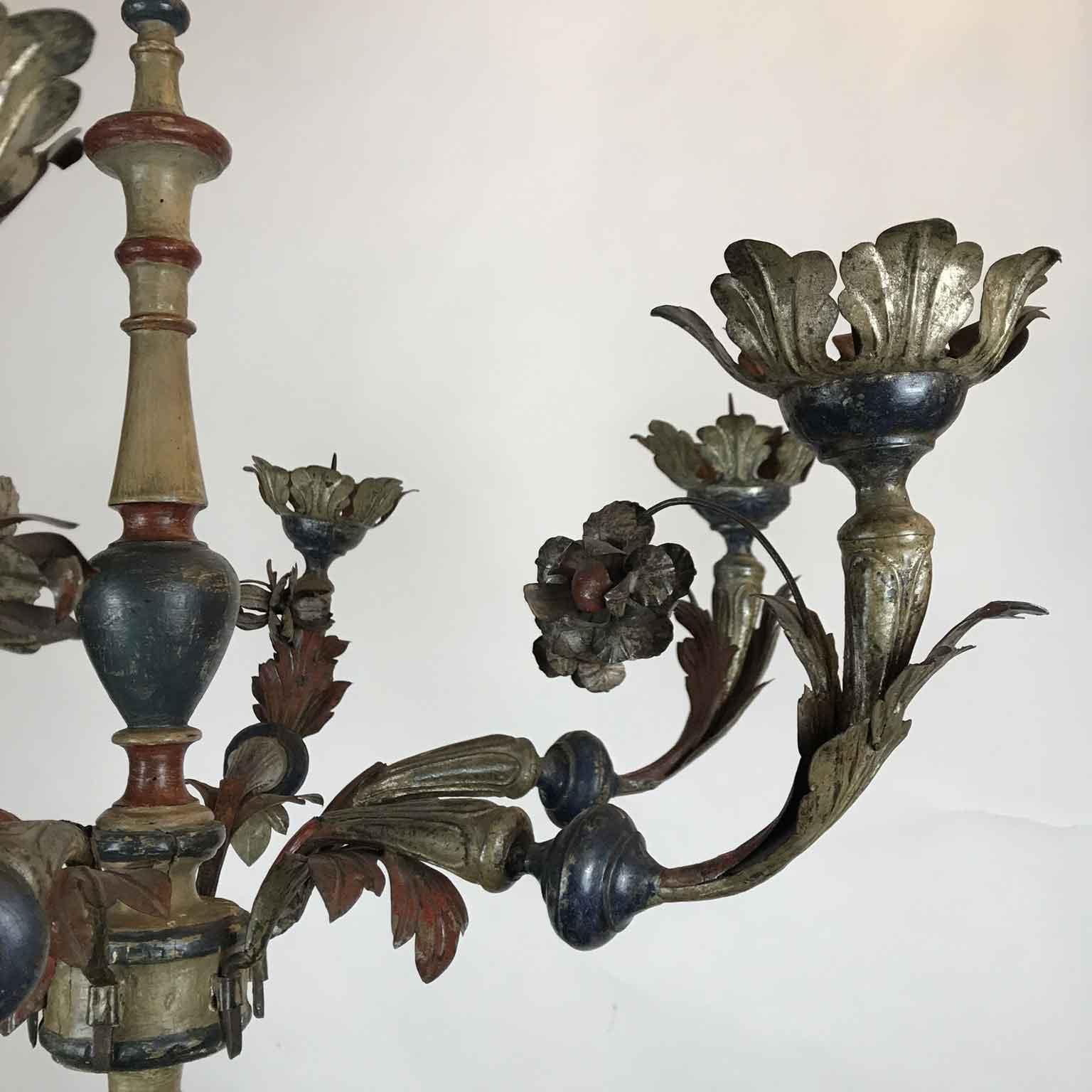 18th Century Italian Tole and Wood Chandelier Silver Blue Red Candleholder 12