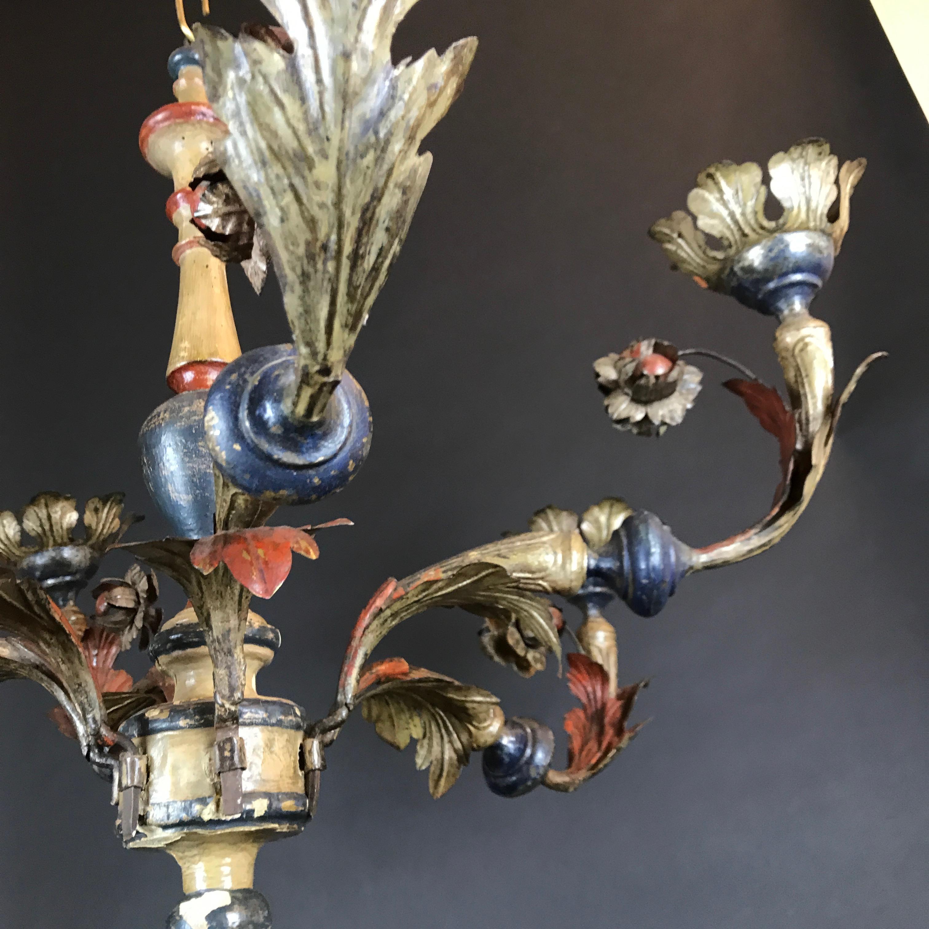 Baroque 18th Century Italian Tole and Wood Chandelier Silver Blue Red Candleholder