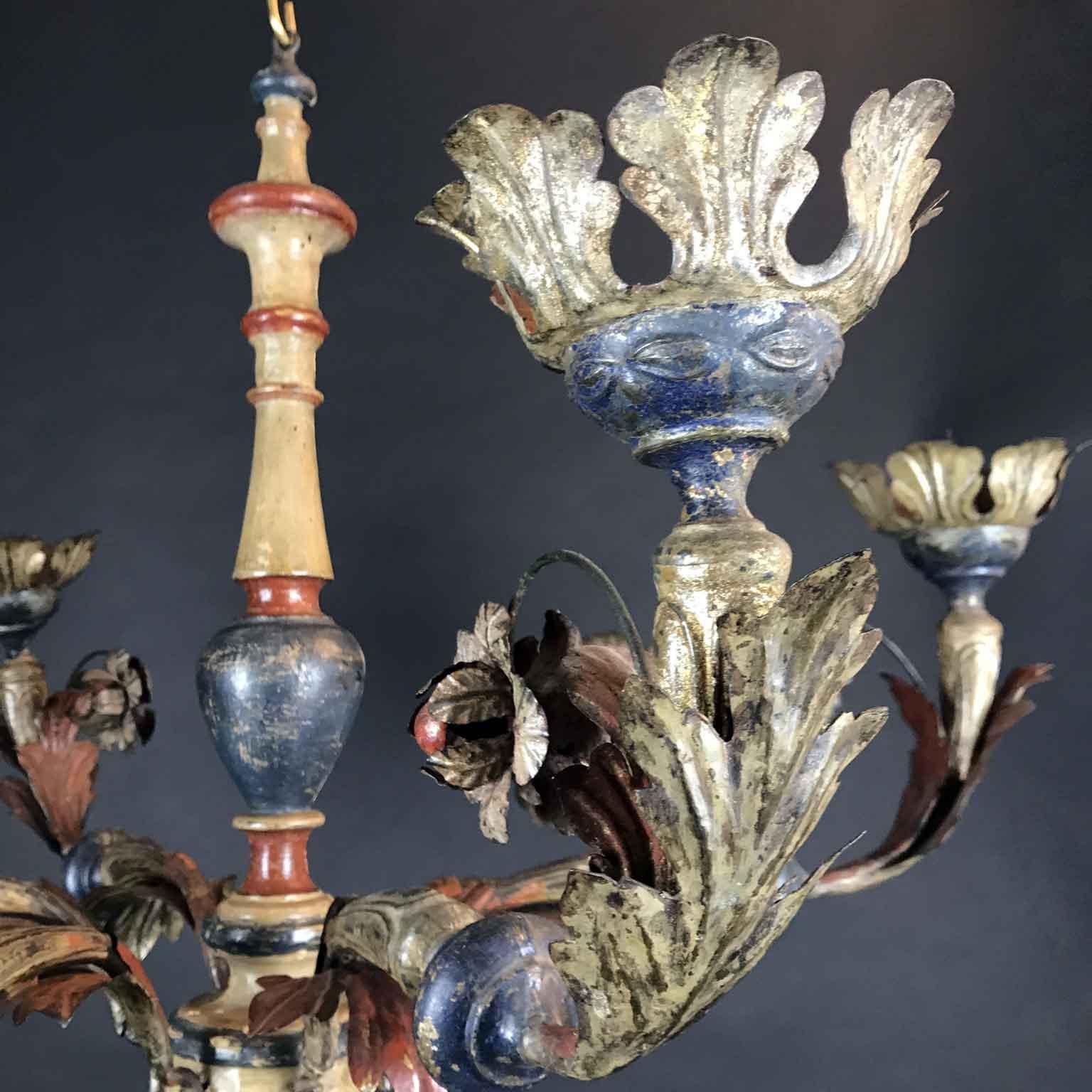 Iron 18th Century Italian Tole and Wood Chandelier Silver Blue Red Candleholder