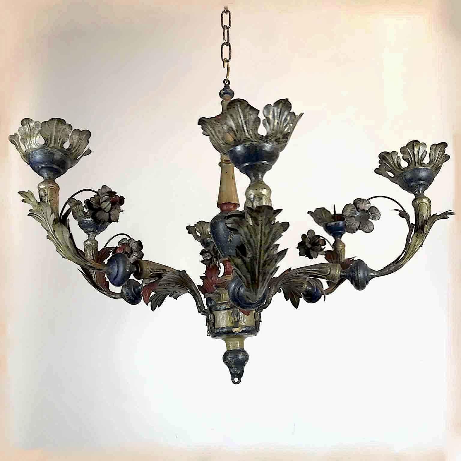 18th Century Italian Tole and Wood Chandelier Silver Blue Red Candleholder 2