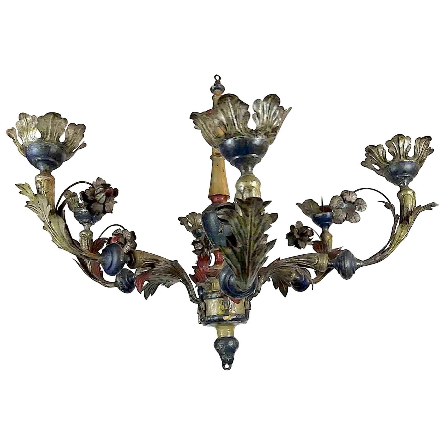 18th Century Italian Tole and Wood Chandelier Silver Blue Red Candleholder