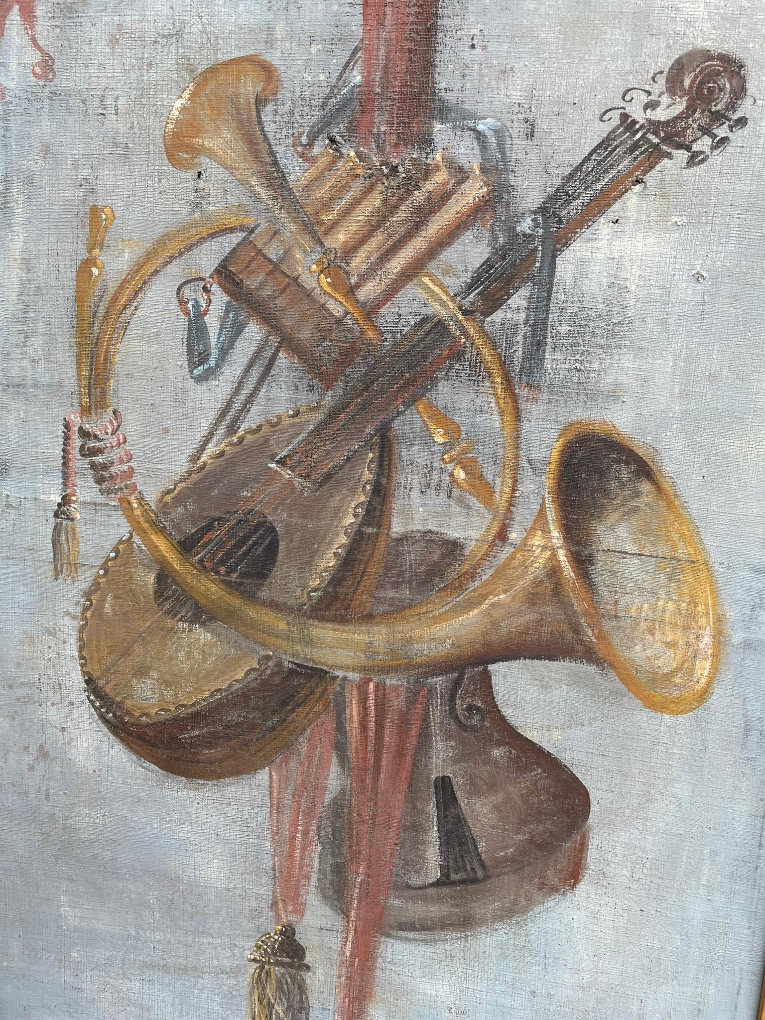 18th Century Italian Trompe L'Oeil Painting On Canvas Of Musical Instruments For Sale 7