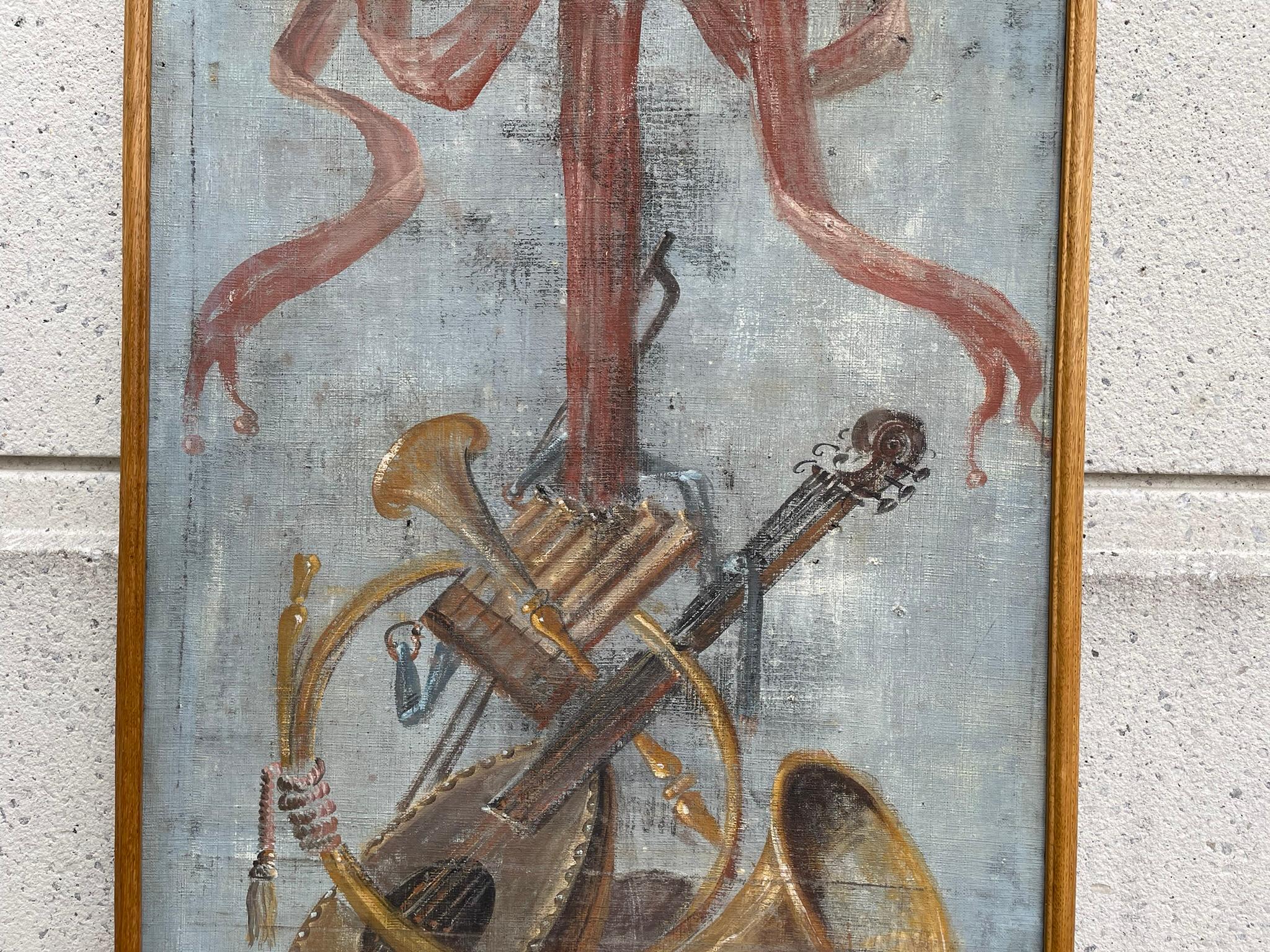Neoclassical 18th Century Italian Trompe L'Oeil Painting On Canvas Of Musical Instruments For Sale